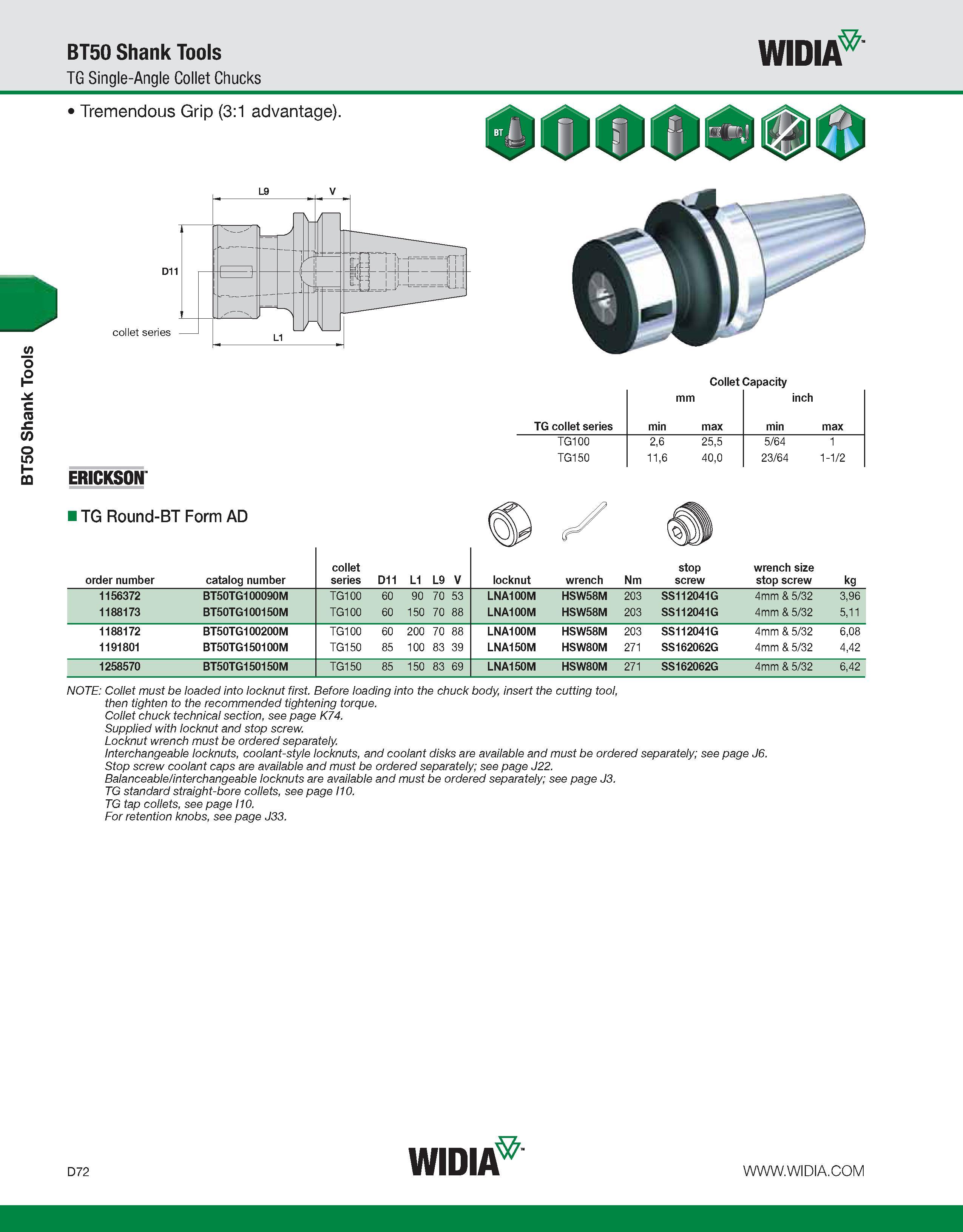 680 BT50 Shank Tools BT50 Shank Tools TG Single-Angle Collet Chucks WIDIA Collet Capacity mm inch TG collet series min max min max TG100 2,6 25,5 5/6 Каталог WIDIA 2011 Инструментальная оснастка для металлорежущих станков Вспомогательный инструмент для оборудования Адаптеры Насадки Оправки Патроны Стр. D72 ENG