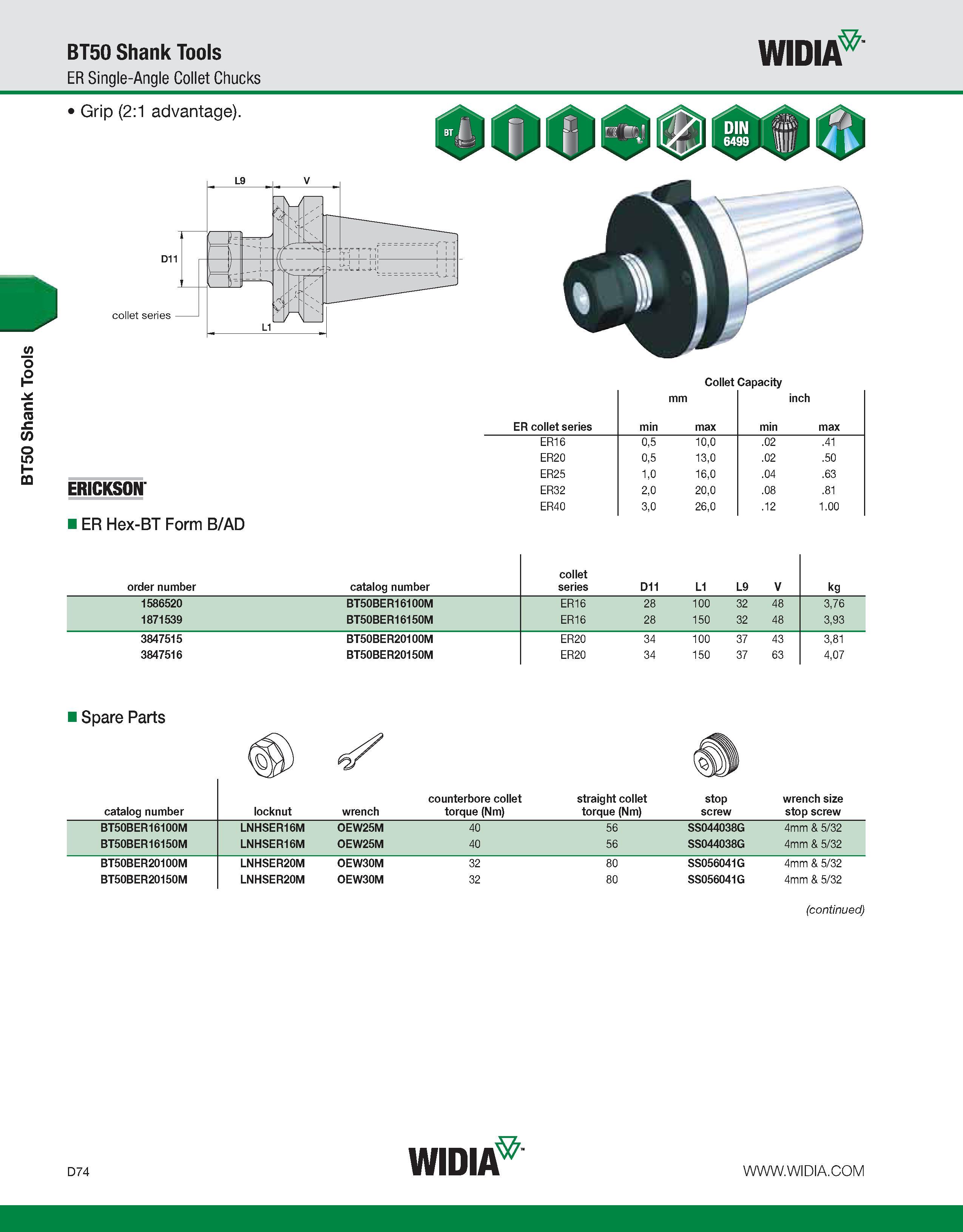 682 BT50 Shank Tools BT50 Shank Tools ER Single-Angle Collet Chucks WIDIA Grip (2:1 advantage) Collet Capacity mm inch ER collet series min max min m Каталог WIDIA 2011 Инструментальная оснастка для металлорежущих станков Вспомогательный инструмент для оборудования Адаптеры Насадки Оправки Патроны Стр. D74 ENG