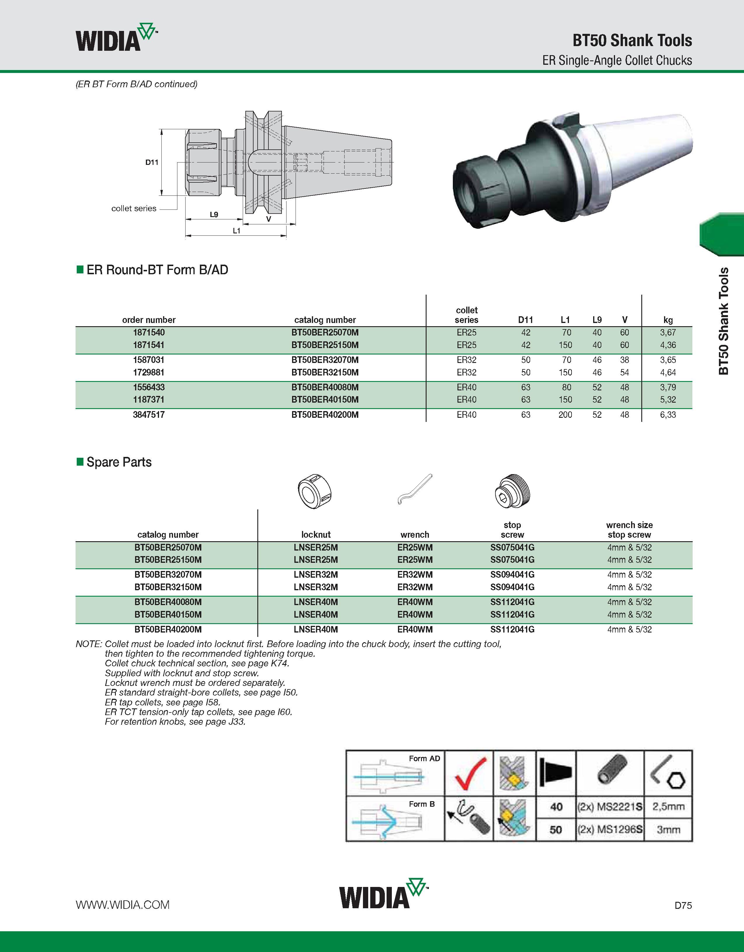 683 WIDIA BT50 Shank Tools ER Single-Angle Collet Chucks order number catalog number collet series D11 L1 L9 V kg 1871540 BT50BER25070M ER25 42 70 40 Каталог WIDIA 2011 Инструментальная оснастка для металлорежущих станков Вспомогательный инструмент для оборудования Адаптеры Насадки Оправки Патроны Стр. D75 ENG