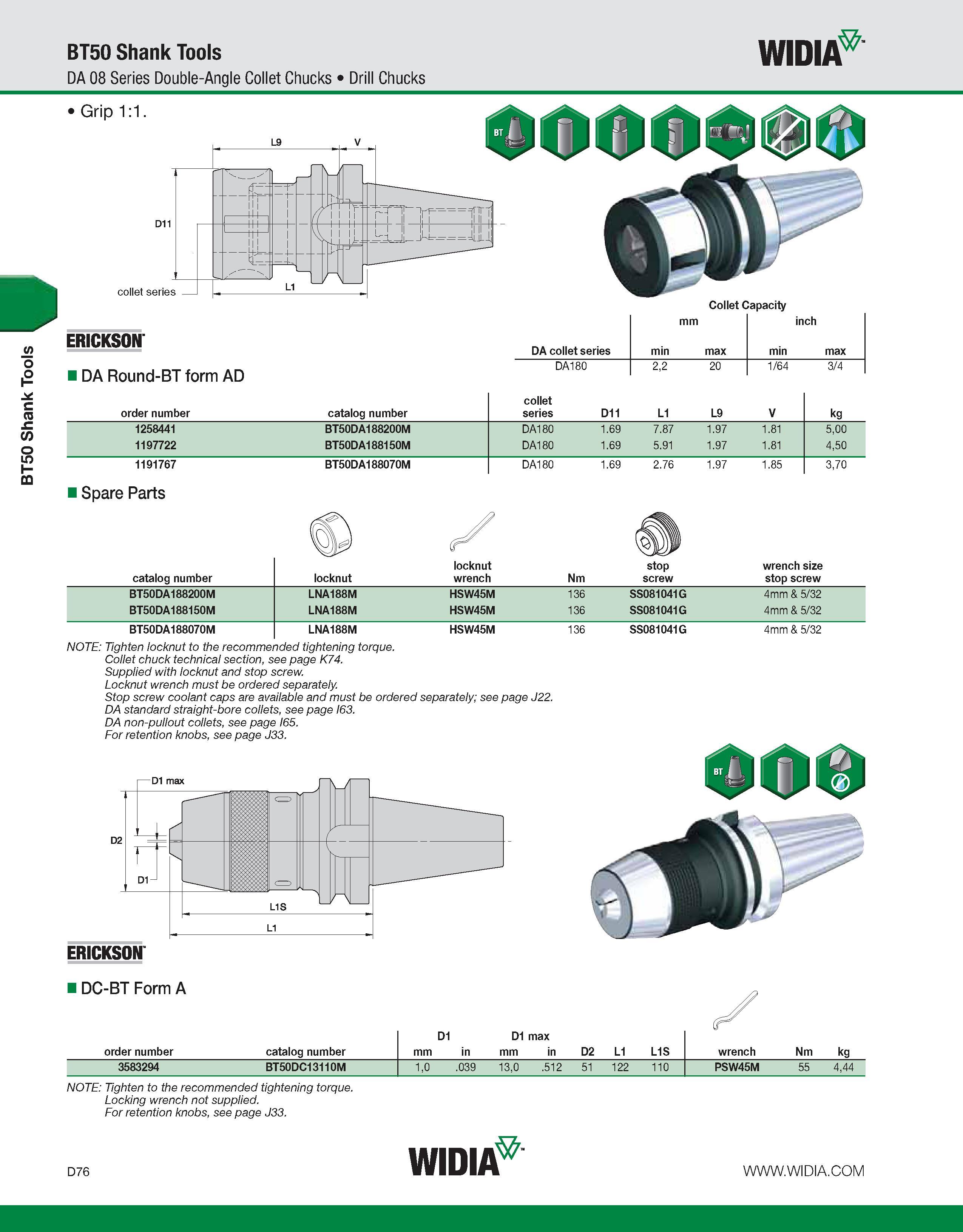 684 BT50 Shank Tools BT50 Shank Tools DA 08 Series Double-Angle Collet Chucks Drill Chucks WIDIA Grip 1:1 collet series Collet Capacity mm inch ERICK Каталог WIDIA 2011 Инструментальная оснастка для металлорежущих станков Вспомогательный инструмент для оборудования Адаптеры Насадки Оправки Патроны Стр. D76 ENG