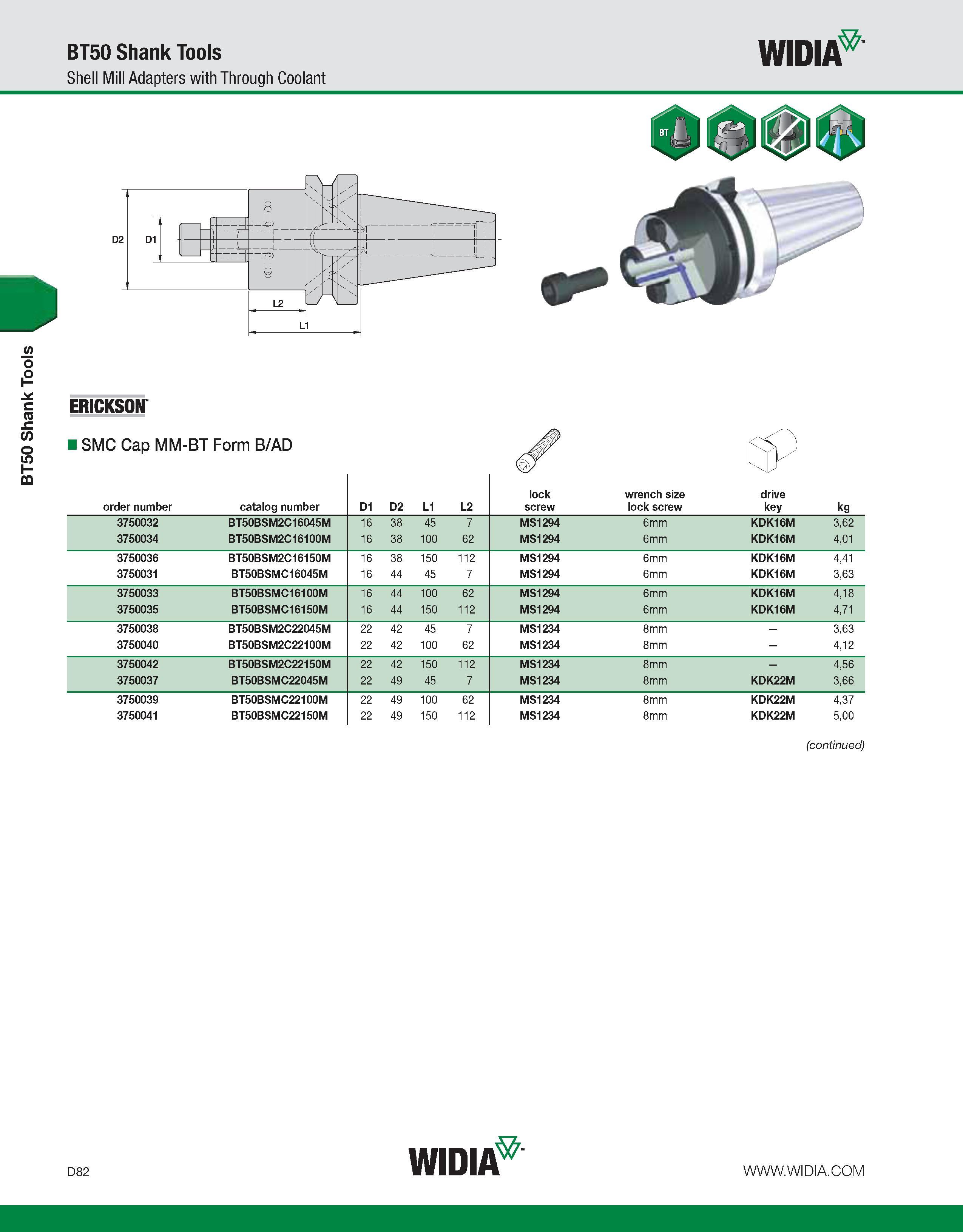 690 BT50 Shank Tools BT50 Shank Tools Shell Mill Adapters with Through Coolant WIDIA ERICKSON I SMC Cap MM-BT Form B/AD order number catalog number D Каталог WIDIA 2011 Инструментальная оснастка для металлорежущих станков Вспомогательный инструмент для оборудования Адаптеры Насадки Оправки Патроны Стр. D82 ENG
