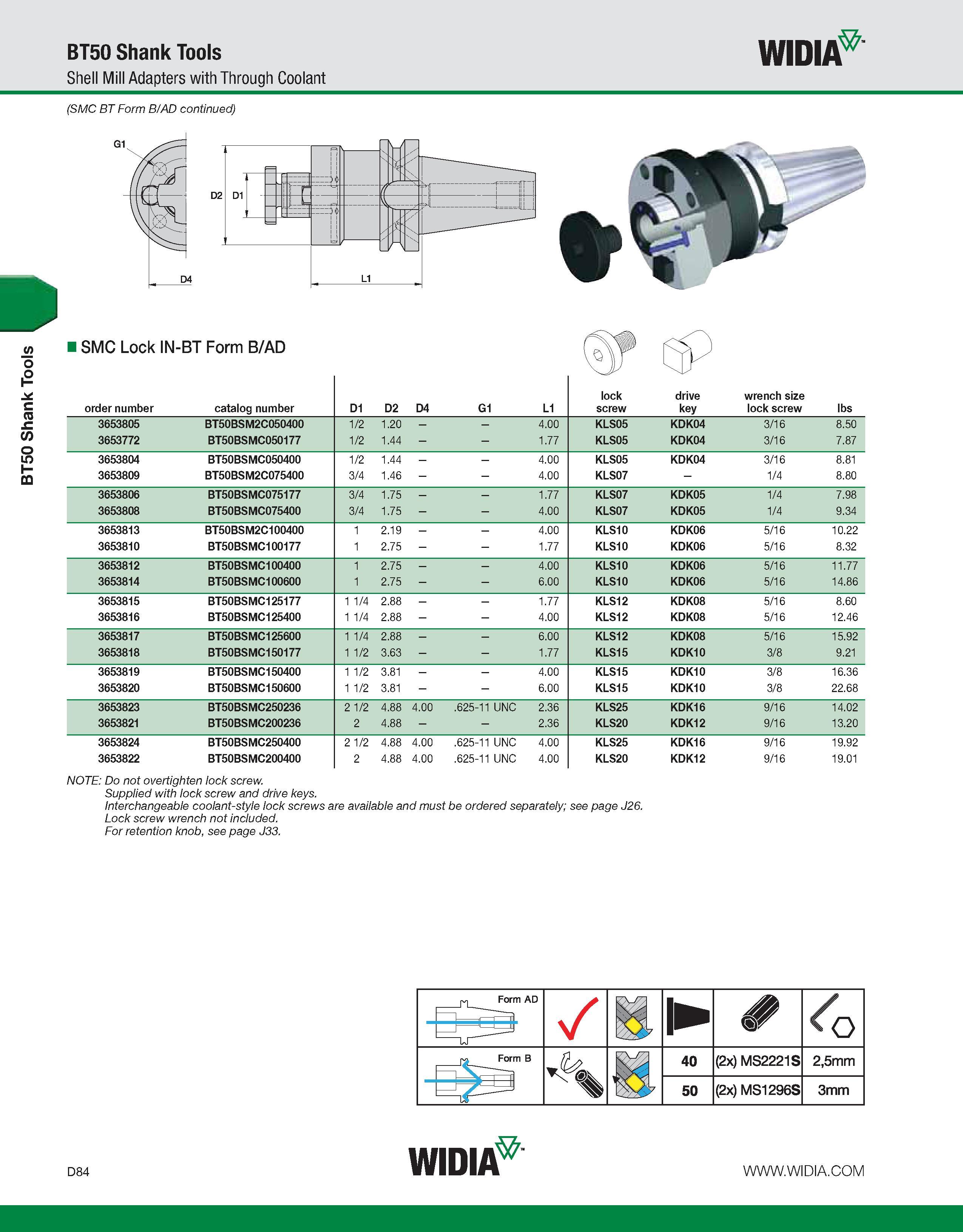 692 BT50 Shank Tools BT50 Shank Tools Shell Mill Adapters with Through Coolant (SMC BT Form B/AD continued) order number catalog number D1 D2 D4 G1 L Каталог WIDIA 2011 Инструментальная оснастка для металлорежущих станков Вспомогательный инструмент для оборудования Адаптеры Насадки Оправки Патроны Стр. D84 ENG