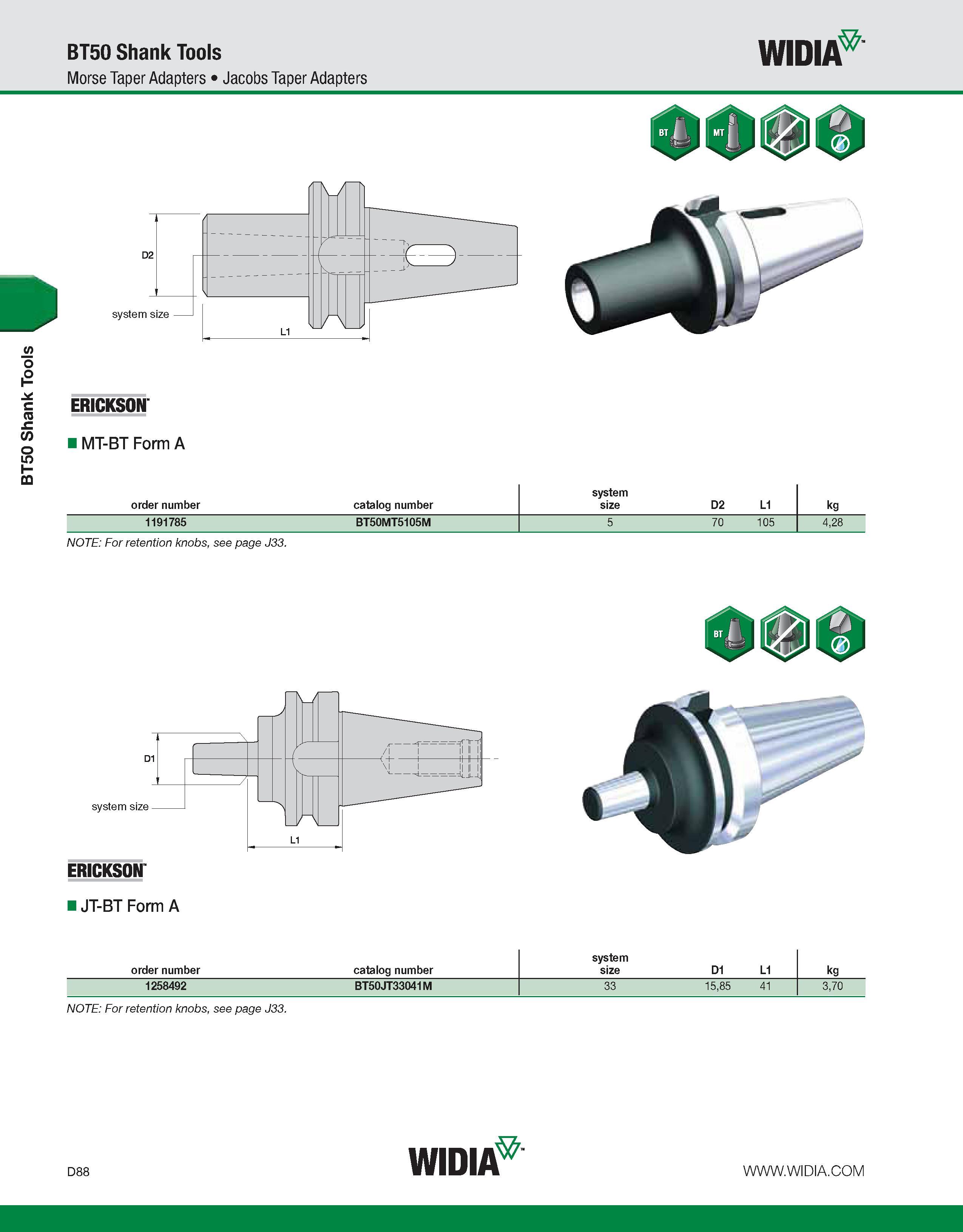 696 BT50 Shank Tools BT50 Shank Tools Morse Taper Adapters Jacobs Taper Adapters WIDIA ERICKSON MT-BT Form A system order number catalog number size Каталог WIDIA 2011 Инструментальная оснастка для металлорежущих станков Вспомогательный инструмент для оборудования Адаптеры Насадки Оправки Патроны Стр. D88 ENG