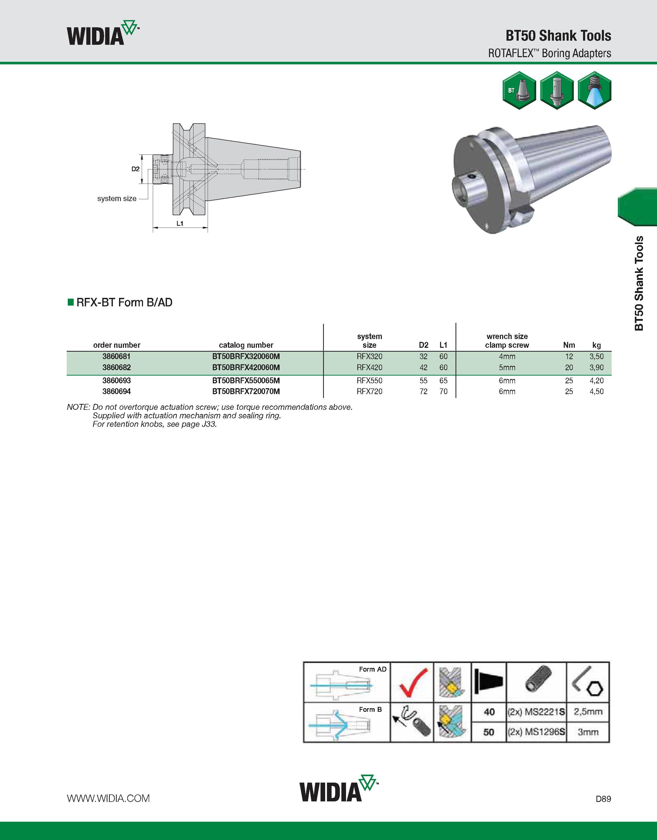 697 WIDIA BT50 Shank Tools ROTAFLEX Boring Adapters system size IRFX-BT Form B/AD order number catalog number system size D2 L1 wrench size clamp scr Каталог WIDIA 2011 Инструментальная оснастка для металлорежущих станков Вспомогательный инструмент для оборудования Адаптеры Насадки Оправки Патроны Стр. D89 ENG