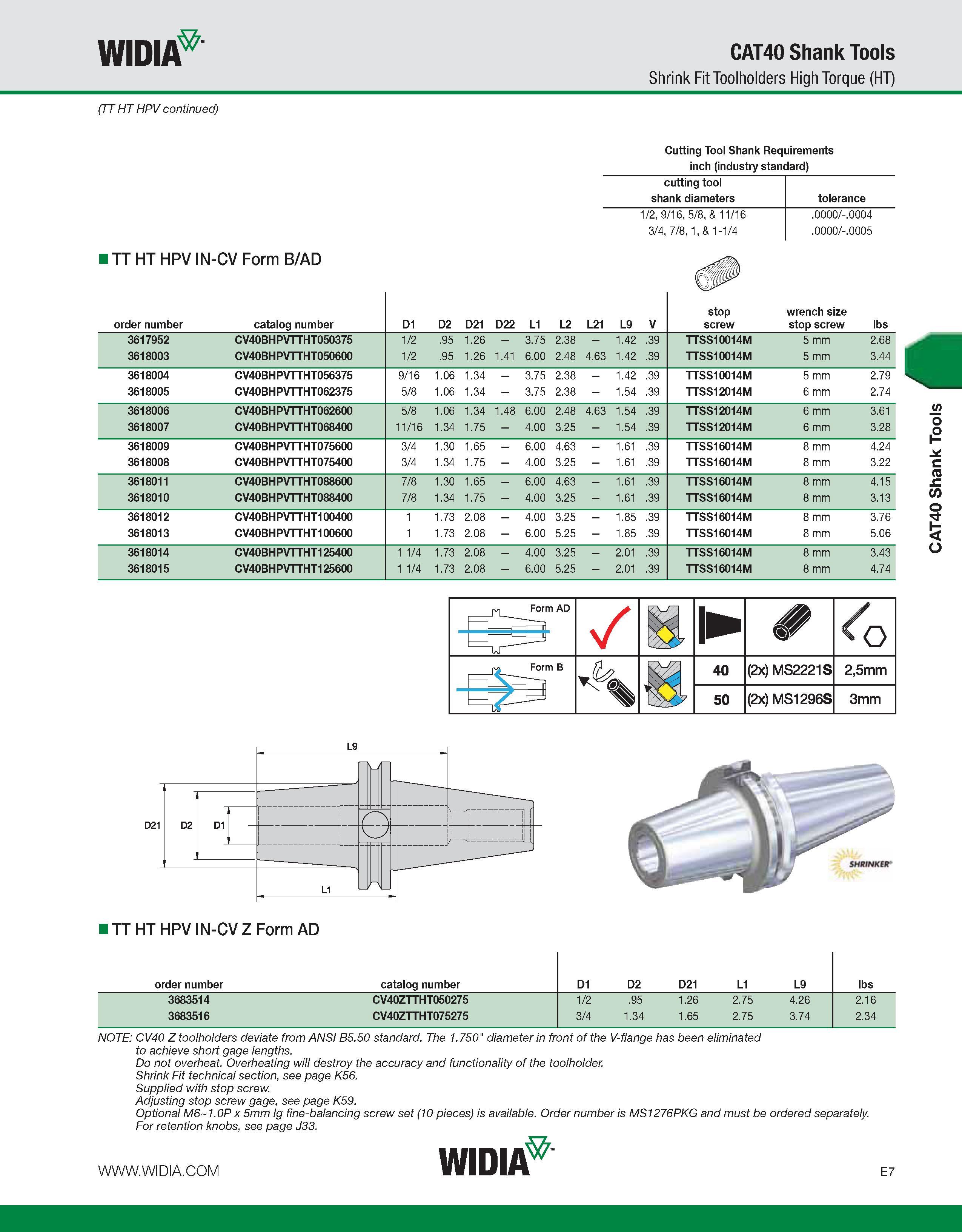 707 WIDIA CAT40 Shank Tools Shrink Fit Toolholders High Torque (HT) (TT HT HPV continued) I TT HT HPV IN-CV Form B/AD Cutting Tool Shank Requirements Каталог WIDIA 2011 Инструментальная оснастка для металлорежущих станков Вспомогательный инструмент для оборудования Адаптеры Насадки Оправки Патроны Стр. E7 ENG