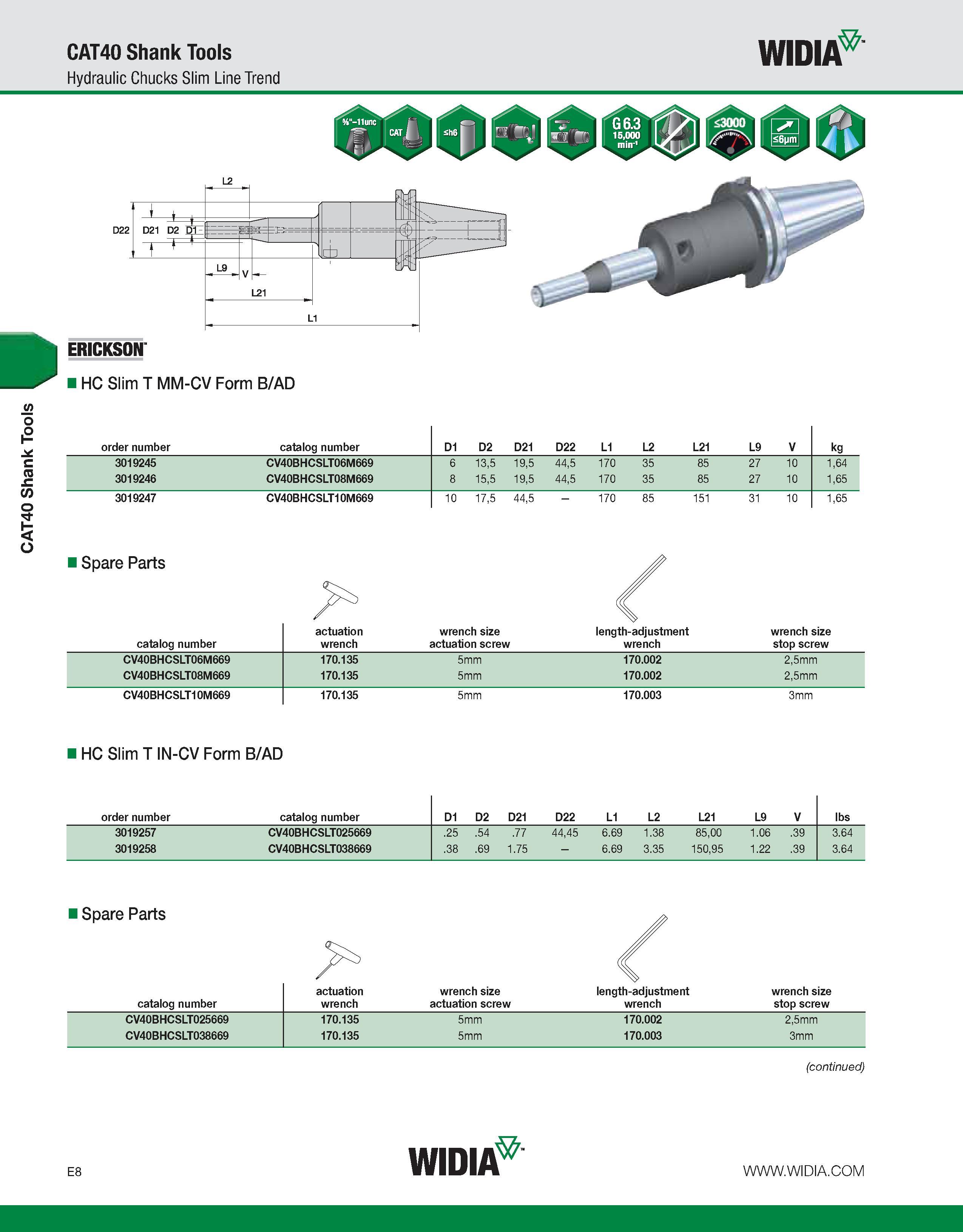 708 CAT40 Shank Tools CAT40 Shank Tools Hydraulic Chucks Slim Line Trend WIDIA ERICKSON HC Slim T MM-CV Form B/AD order number catalog number D1 D2 D Каталог WIDIA 2011 Инструментальная оснастка для металлорежущих станков Вспомогательный инструмент для оборудования Адаптеры Насадки Оправки Патроны Стр. E8 ENG