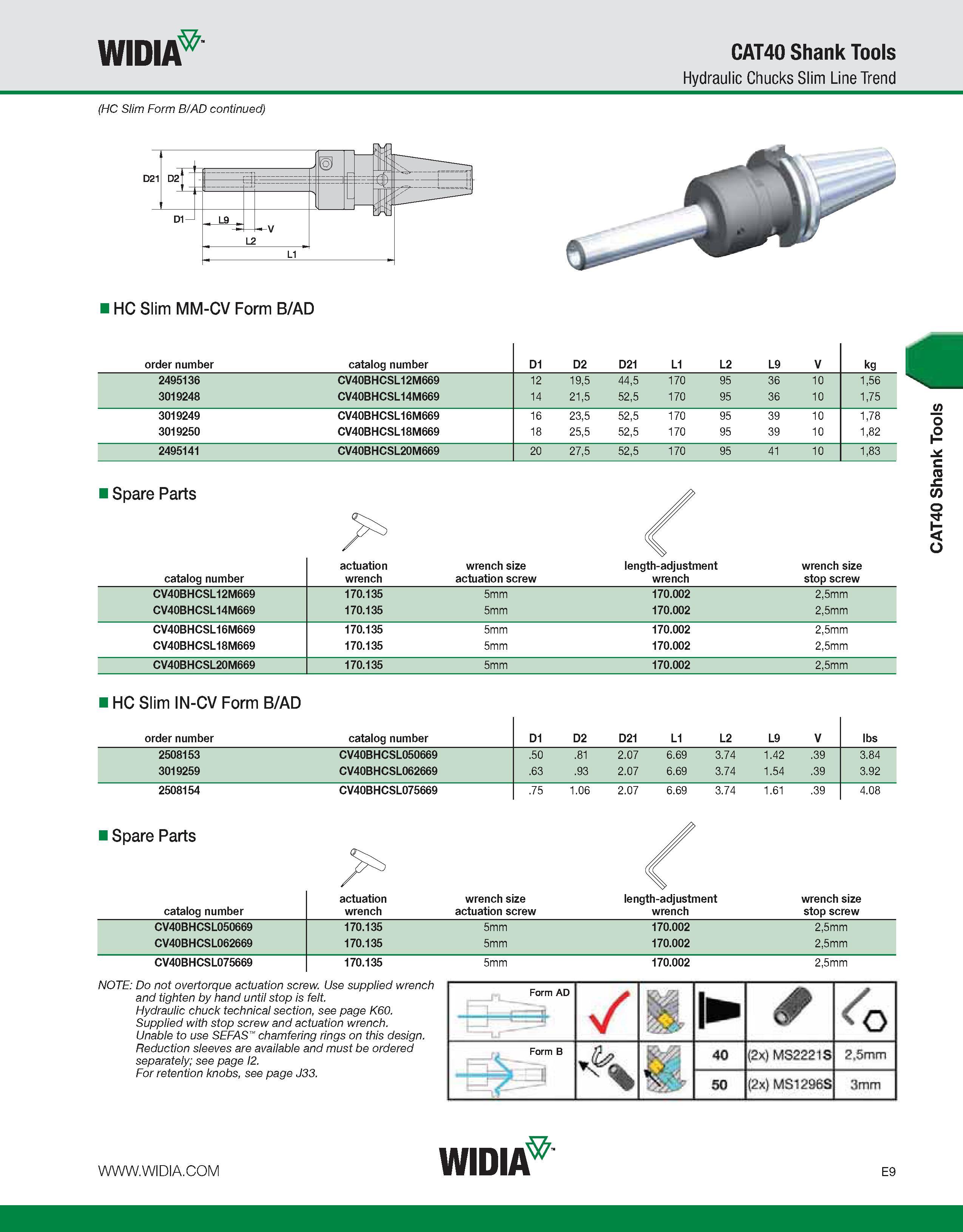 709 WIDIA CAT40 Shank Tools Hydraulic Chucks Slim Line Trend (HC Slim Form B/AD continued) HC Slim MM-CV Form B/AD order number catalog number D1 D2 Каталог WIDIA 2011 Инструментальная оснастка для металлорежущих станков Вспомогательный инструмент для оборудования Адаптеры Насадки Оправки Патроны Стр. E9 ENG