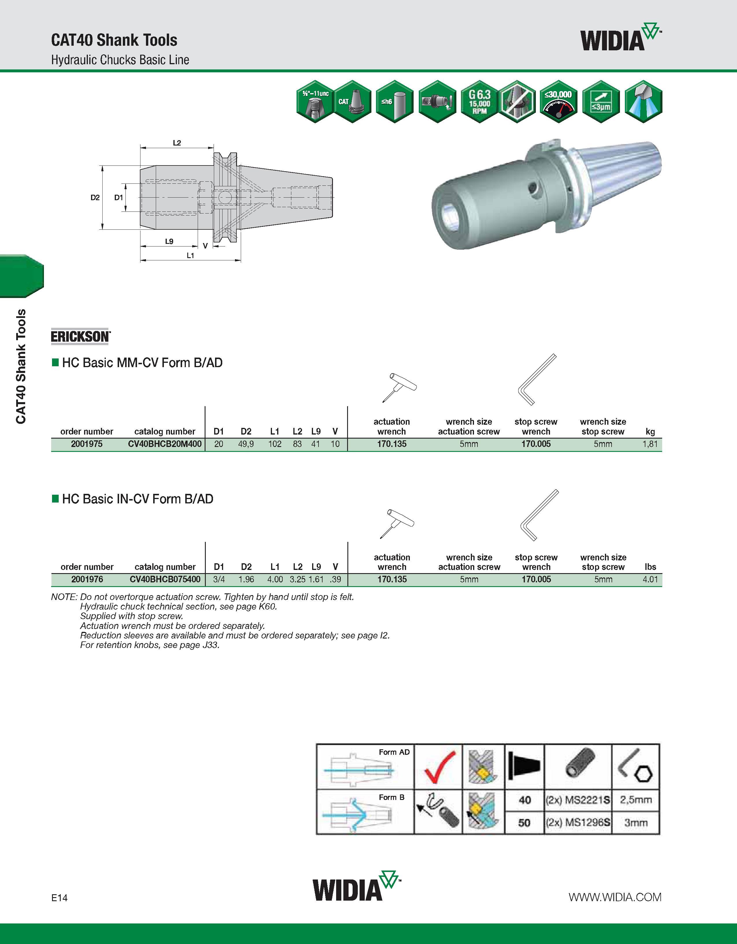 714 CAT40 Shank Tools CAT40 Shank Tools Hydraulic Chucks Basic Line WIDIA ERICKSON HC Basic MM-CV Form B/AD order number catalog number D1 D2 L1 L2 L Каталог WIDIA 2011 Инструментальная оснастка для металлорежущих станков Вспомогательный инструмент для оборудования Адаптеры Насадки Оправки Патроны Стр. E14 ENG