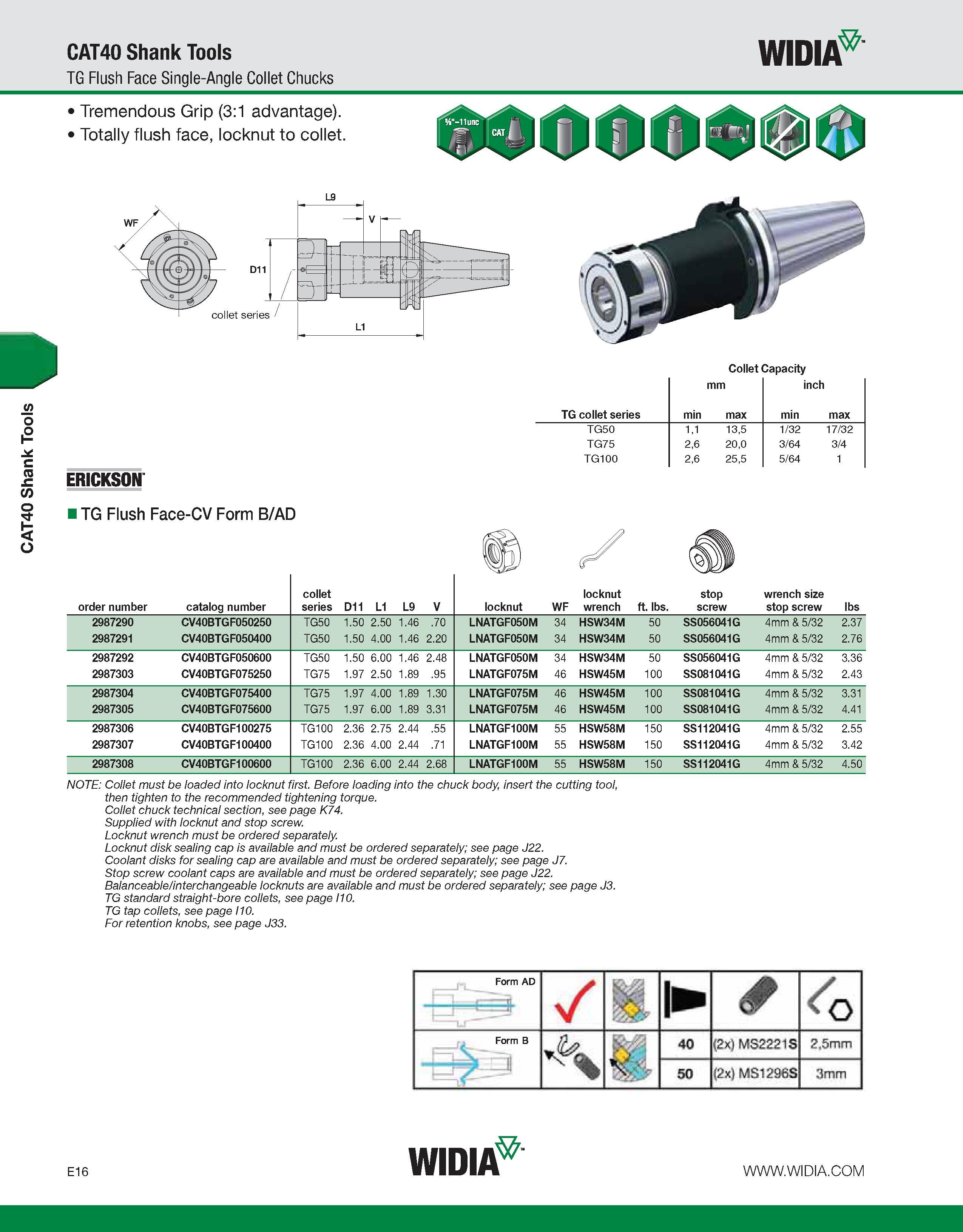 716 CAT40 Shank Tools CAT40 Shank Tools TG Flush Face Single-Angle Collet Chucks WIDIA Tremendous Grip (3:1 advantage) Totally flush face, locknut to Каталог WIDIA 2011 Инструментальная оснастка для металлорежущих станков Вспомогательный инструмент для оборудования Адаптеры Насадки Оправки Патроны Стр. E16 ENG