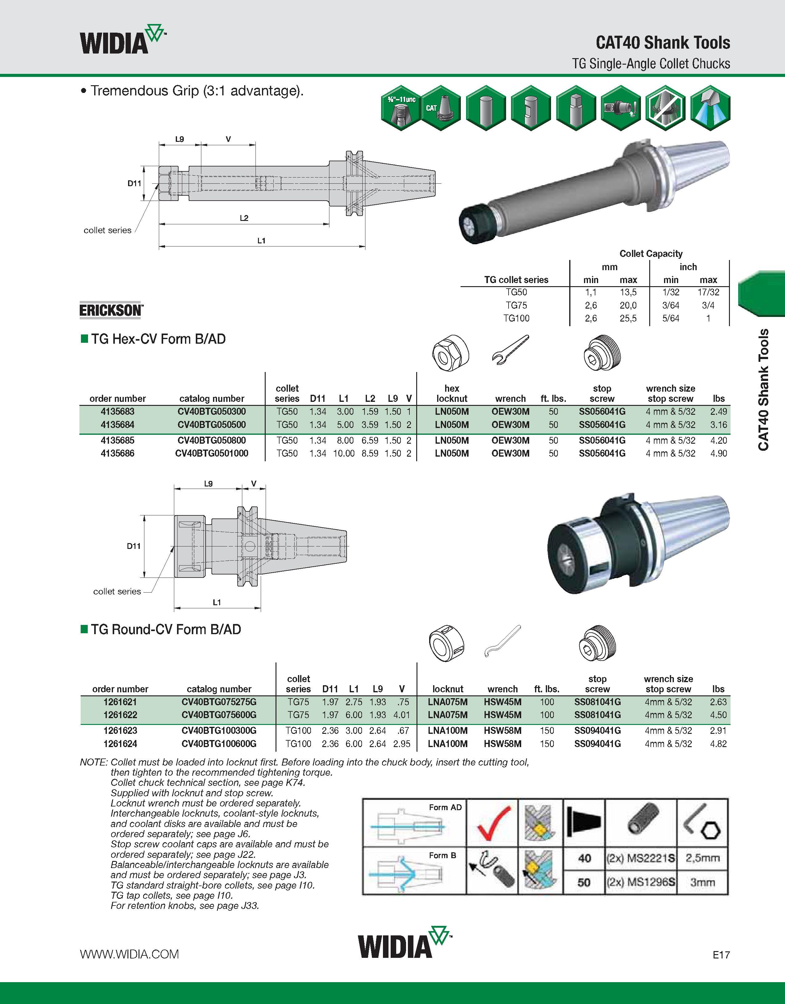 717 WIDIA CAT40 Shank Tools TG Single-Angle Collet Chucks Tremendous Grip (3:1 advantage) Collet Capacity ERICKSON mm inch TG collet series min max m Каталог WIDIA 2011 Инструментальная оснастка для металлорежущих станков Вспомогательный инструмент для оборудования Адаптеры Насадки Оправки Патроны Стр. E17 ENG