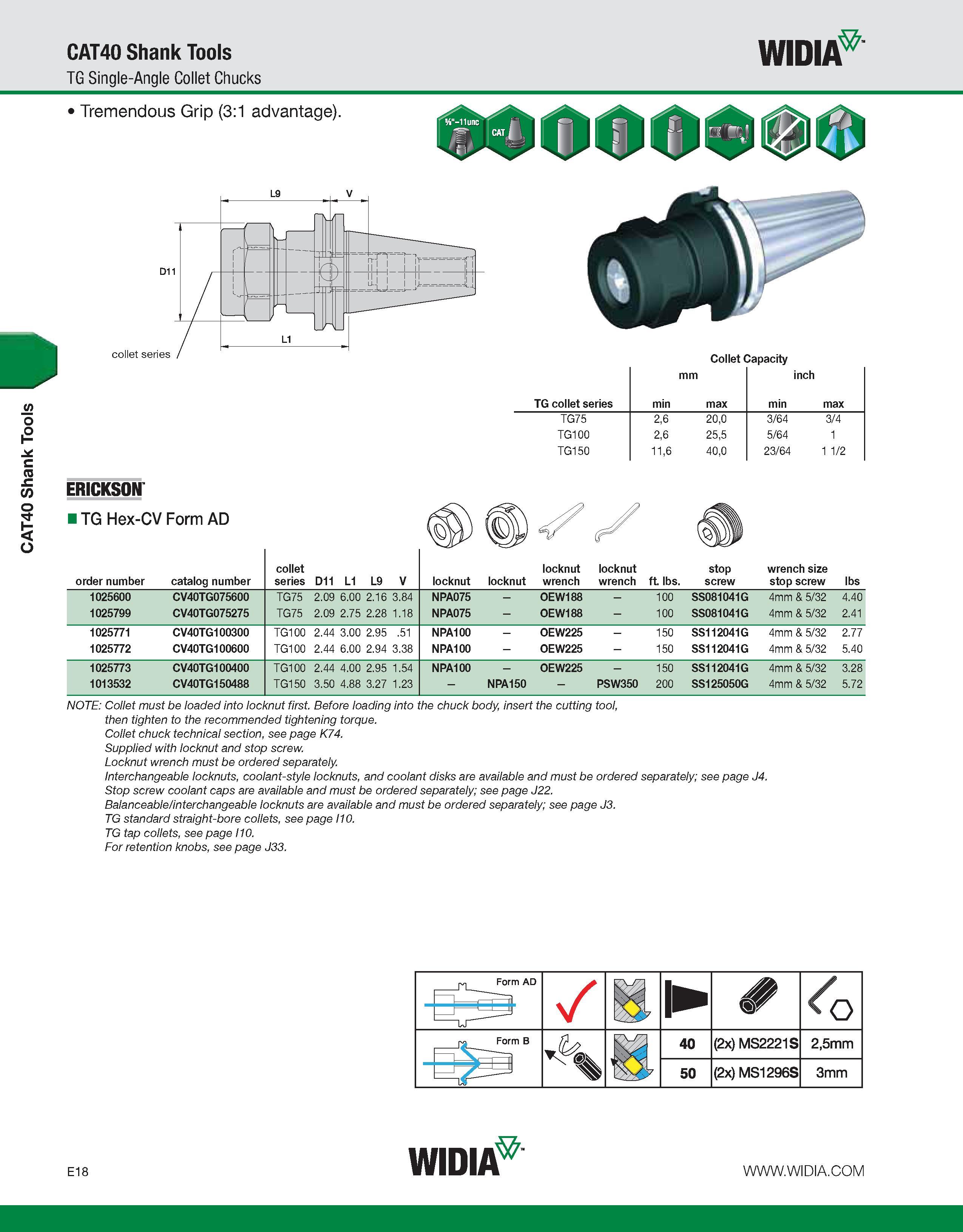 718 CAT40 Shank Tools CAT40 Shank Tools TG Single-Angle Collet Chucks WIDIA Tremendous Grip (3:1 advantage) Collet Capacity TG collet series mm min m Каталог WIDIA 2011 Инструментальная оснастка для металлорежущих станков Вспомогательный инструмент для оборудования Адаптеры Насадки Оправки Патроны Стр. E18 ENG