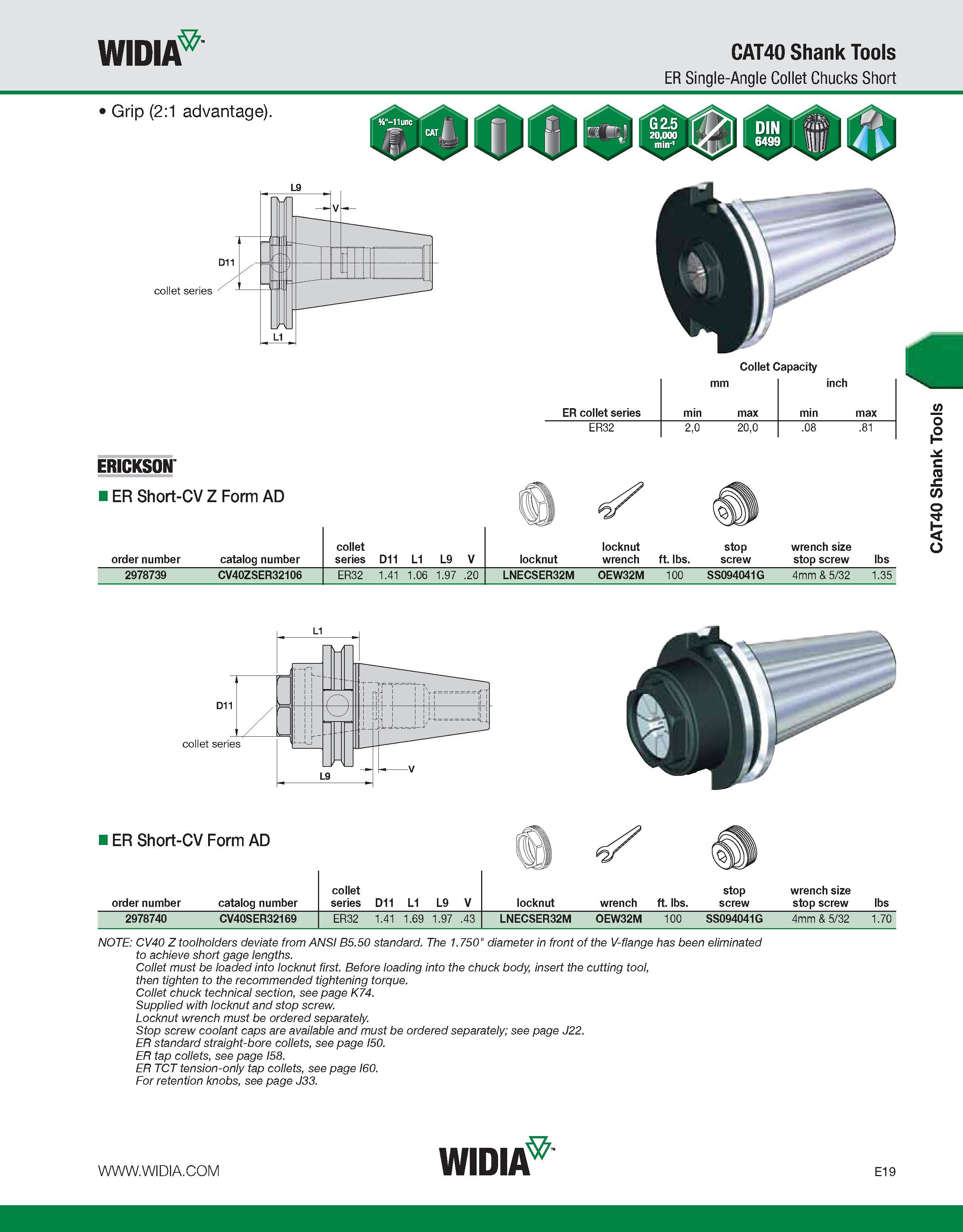 719 WIDIA CAT40 Shank Tools ER Single-Angle Collet Chucks Short Grip (2:1 advantage) collet series Collet Capacity mm inch ER collet series min max m Каталог WIDIA 2011 Инструментальная оснастка для металлорежущих станков Вспомогательный инструмент для оборудования Адаптеры Насадки Оправки Патроны Стр. E19 ENG