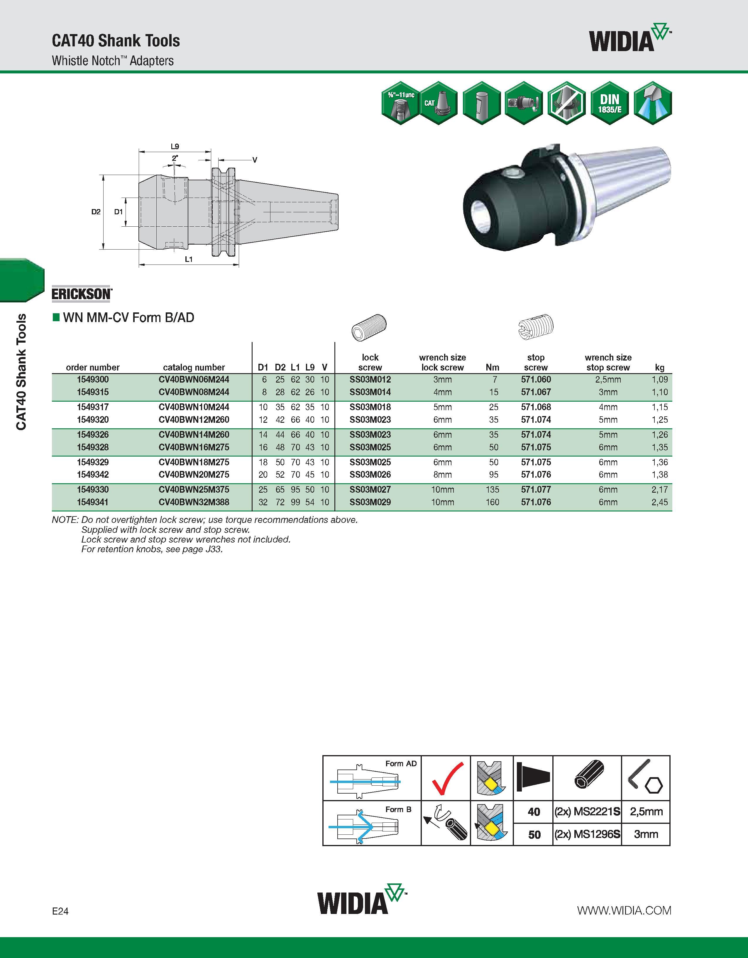 724 CAT40 Shank Tools CAT40 Shank Tools Whistle Notch Adapters WIDIA ERICKSON IWN MM-CV Form B/AD NOTE: Do not overtighten lock screw; use torque rec Каталог WIDIA 2011 Инструментальная оснастка для металлорежущих станков Вспомогательный инструмент для оборудования Адаптеры Насадки Оправки Патроны Стр. E24 ENG