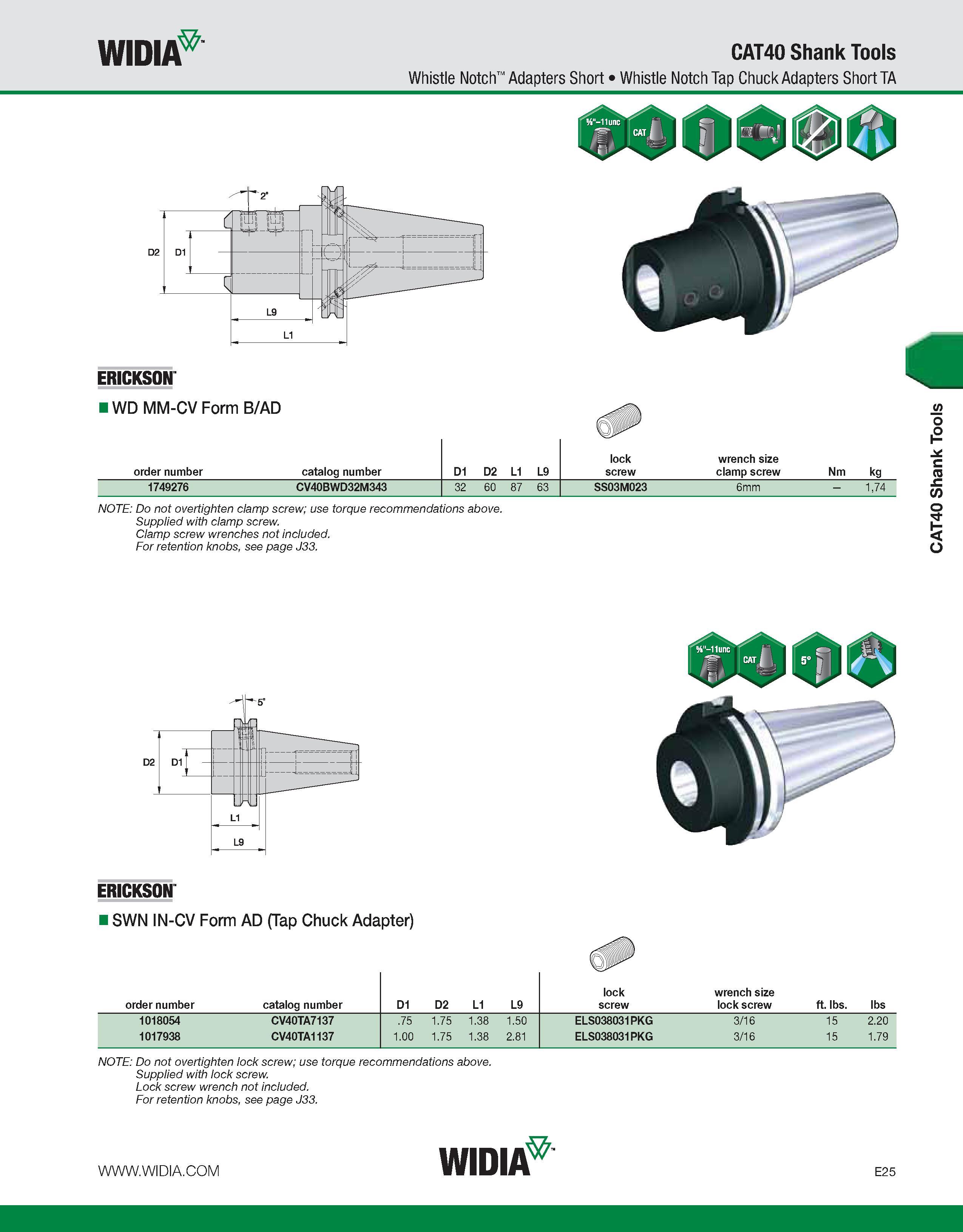 725 WIDIA CAT40 Shank Tools Whistle Notch Adapters Short Whistle Notch Tap Chuck Adapters Short TA ERICKSON IWD MM-CV Form B/AD order number catalog Каталог WIDIA 2011 Инструментальная оснастка для металлорежущих станков Вспомогательный инструмент для оборудования Адаптеры Насадки Оправки Патроны Стр. E25 ENG