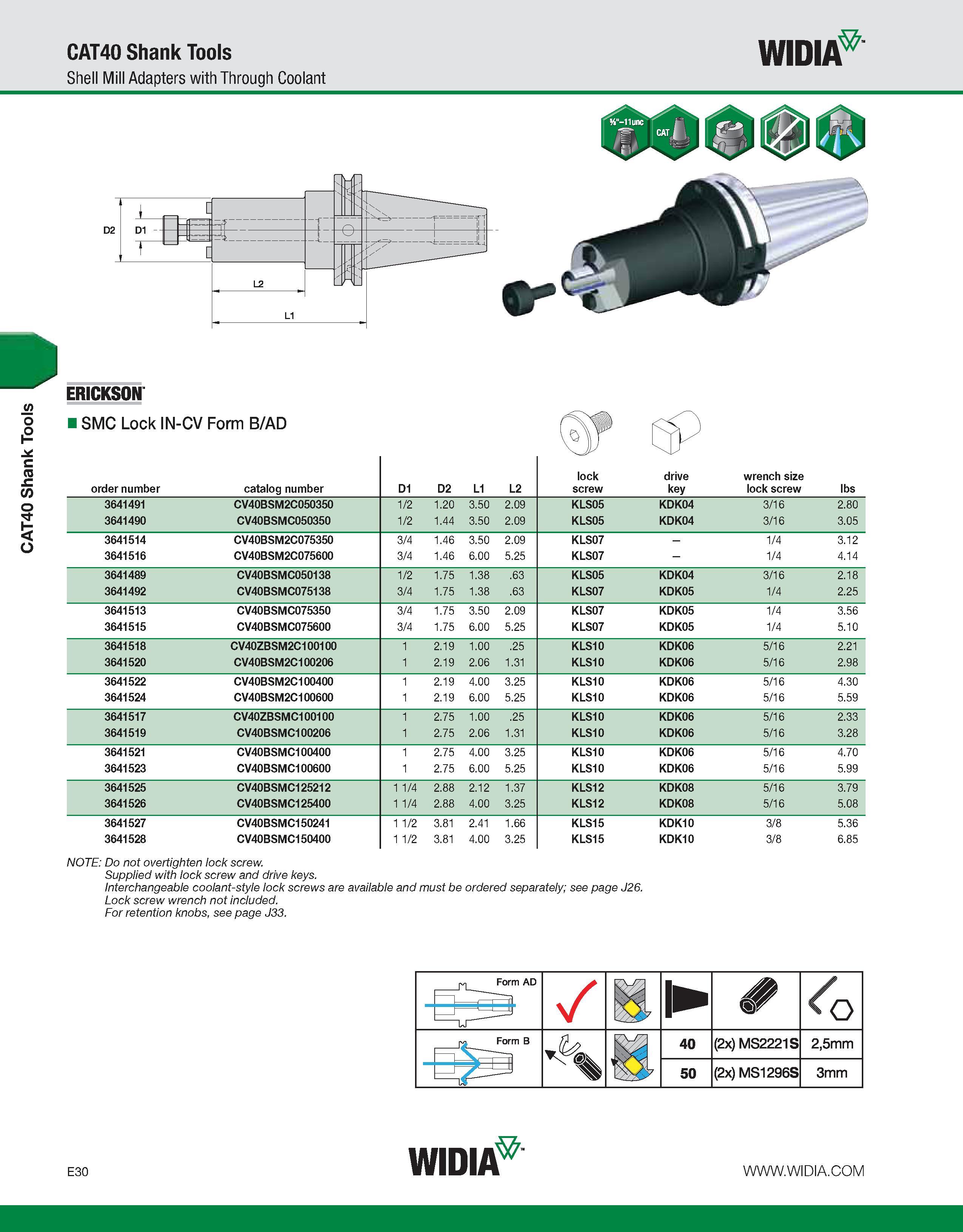 730 CAT40 Shank Tools CAT40 Shank Tools Shell Mill Adapters with Through Coolant WIDIA order number catalog number D1 D2 L1 L2 lock screw drive key w Каталог WIDIA 2011 Инструментальная оснастка для металлорежущих станков Вспомогательный инструмент для оборудования Адаптеры Насадки Оправки Патроны Стр. E30 ENG