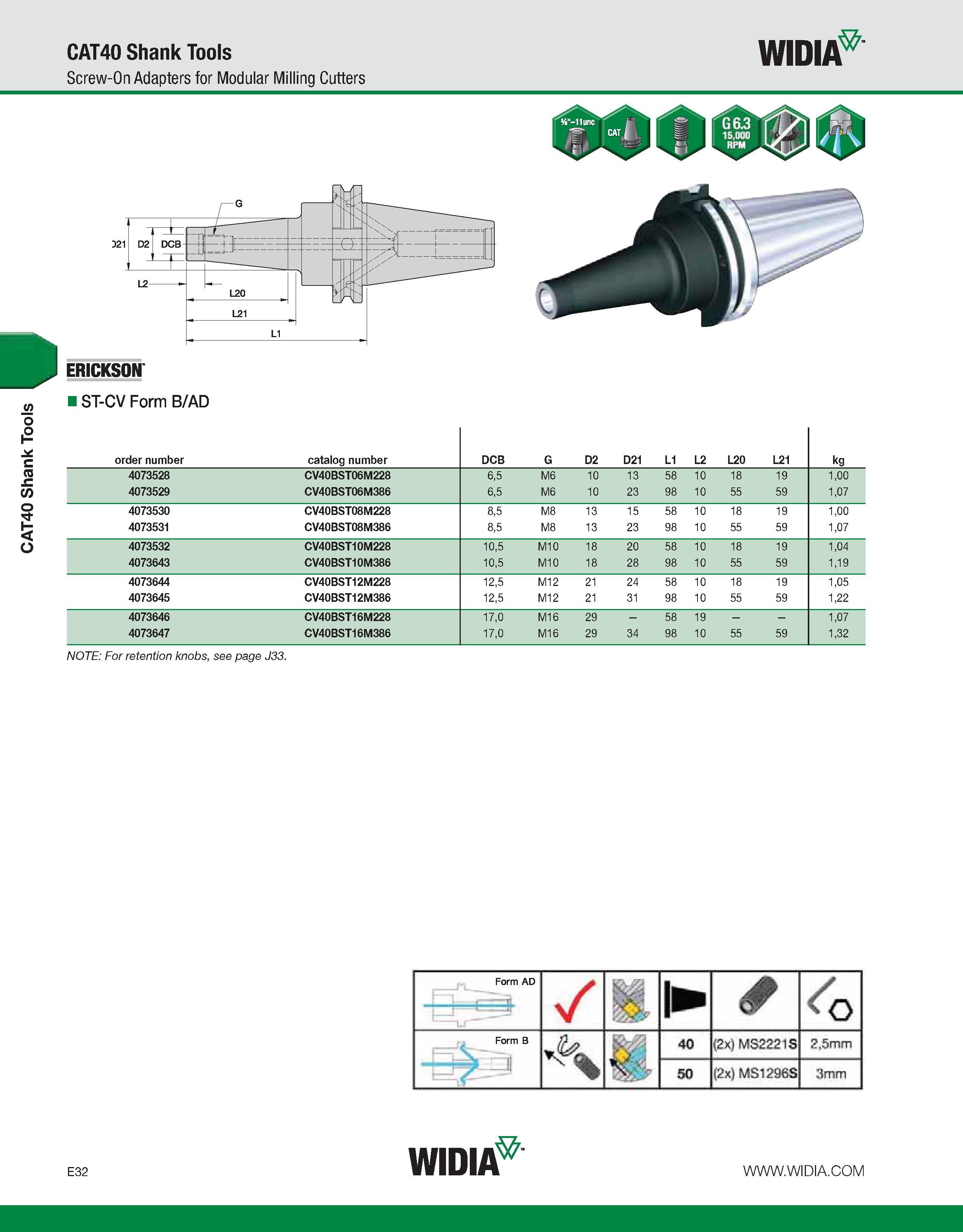 732 CAT40 Shank Tools CAT40 Shank Tools Screw-On Adapters for Modular Milling Cutters WIDIA ERICKSON IST-CV Form B/AD order number catalog number DCB Каталог WIDIA 2011 Инструментальная оснастка для металлорежущих станков Вспомогательный инструмент для оборудования Адаптеры Насадки Оправки Патроны Стр. E32 ENG