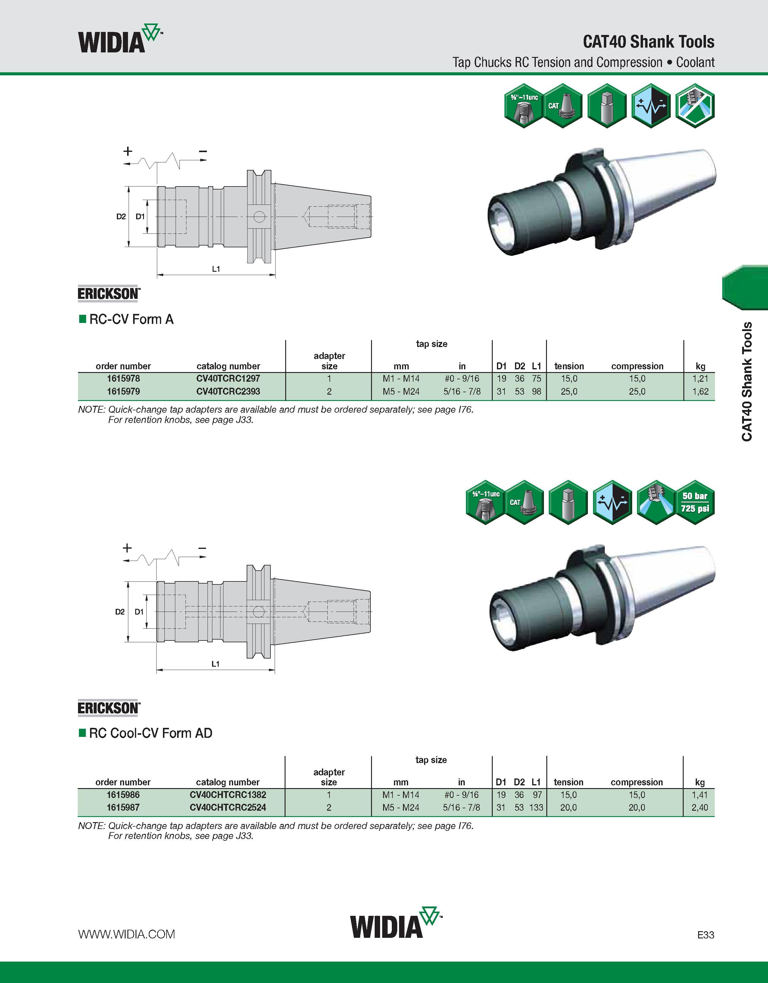 733 WIDIA CAT40 Shank Tools Tap Chucks RC Tension and Compression Coolant ERICKSON IRC-CV Form A order number catalog number er te g a tap size mm in Каталог WIDIA 2011 Инструментальная оснастка для металлорежущих станков Вспомогательный инструмент для оборудования Адаптеры Насадки Оправки Патроны Стр. E33 ENG