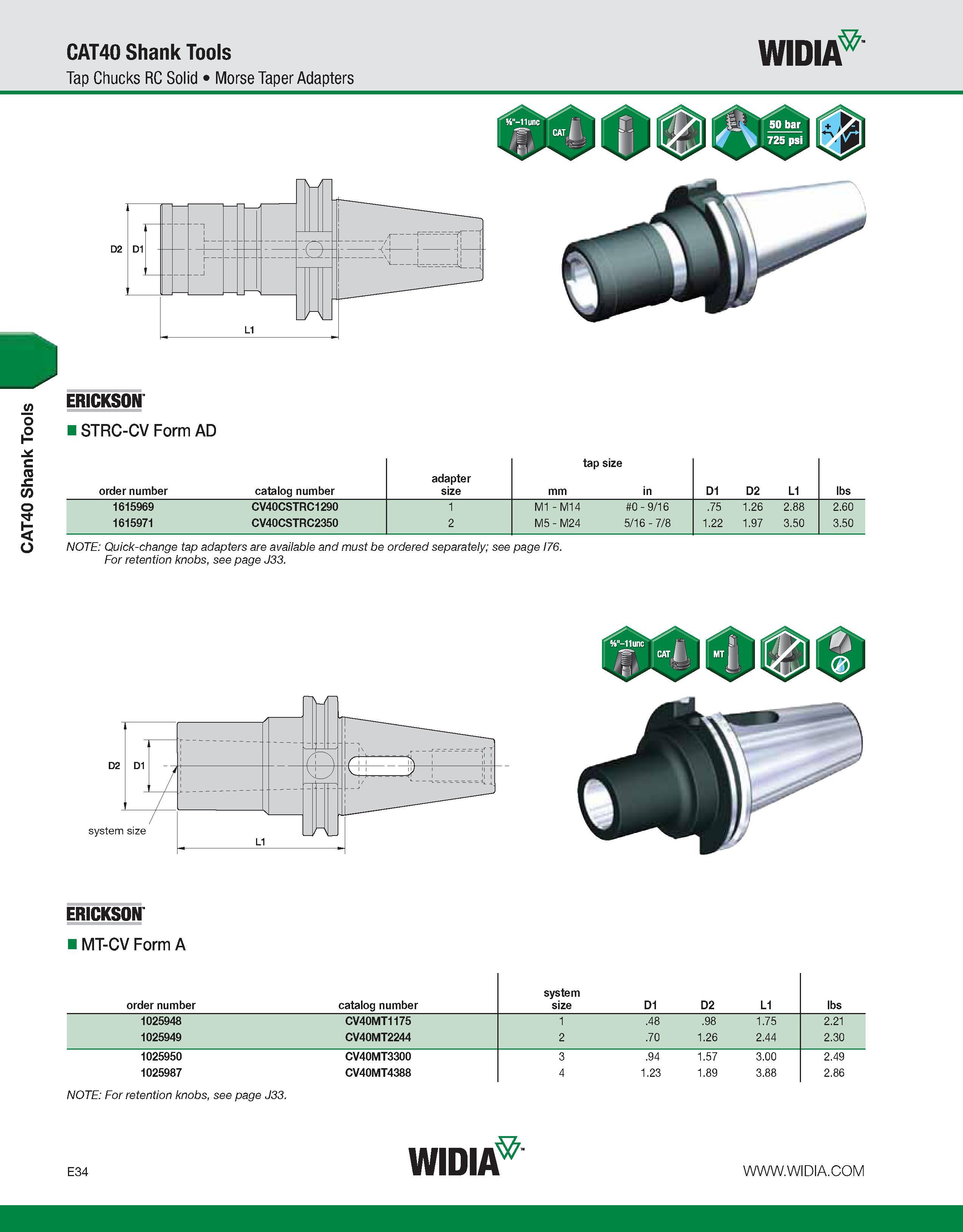 734 CAT40 Shank Tools CAT40 Shank Tools Tap Chucks RC Solid Morse Taper Adapters WIDIA ERICKSON ISTRC-CV Form AD order number catalog number adapter Каталог WIDIA 2011 Инструментальная оснастка для металлорежущих станков Вспомогательный инструмент для оборудования Адаптеры Насадки Оправки Патроны Стр. E34 ENG