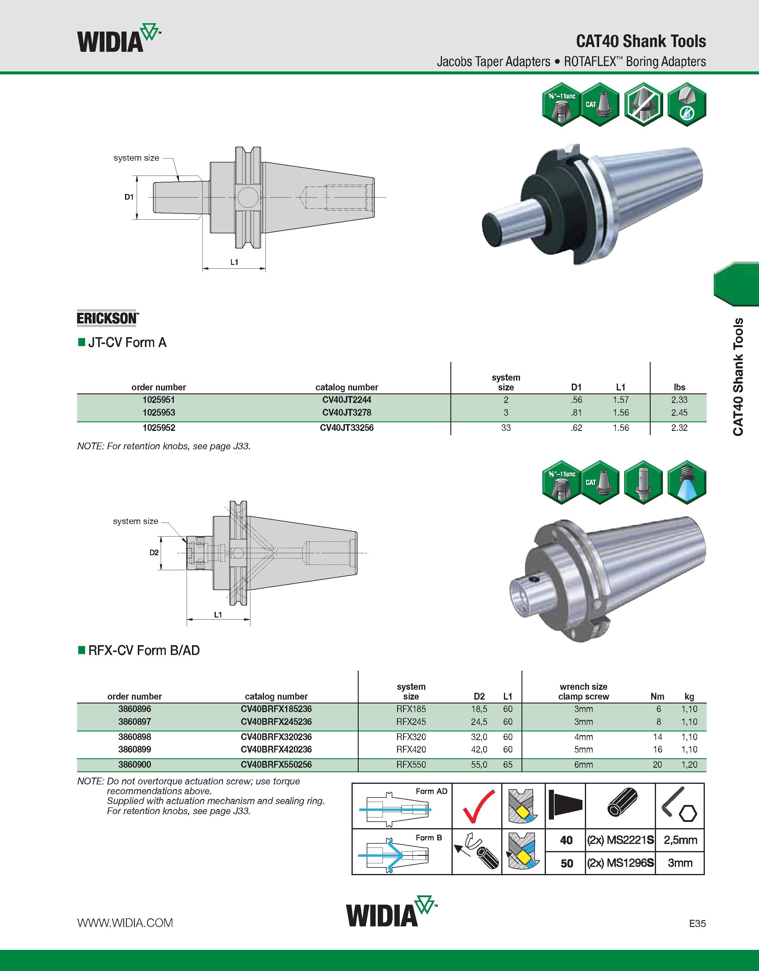 735 WIDIA CAT40 Shank Tools Jacobs Taper Adapters ROTAFLEX Boring Adapters system size ERICKSON IJT-CV Form A order number catalog number system size Каталог WIDIA 2011 Инструментальная оснастка для металлорежущих станков Вспомогательный инструмент для оборудования Адаптеры Насадки Оправки Патроны Стр. E35 ENG