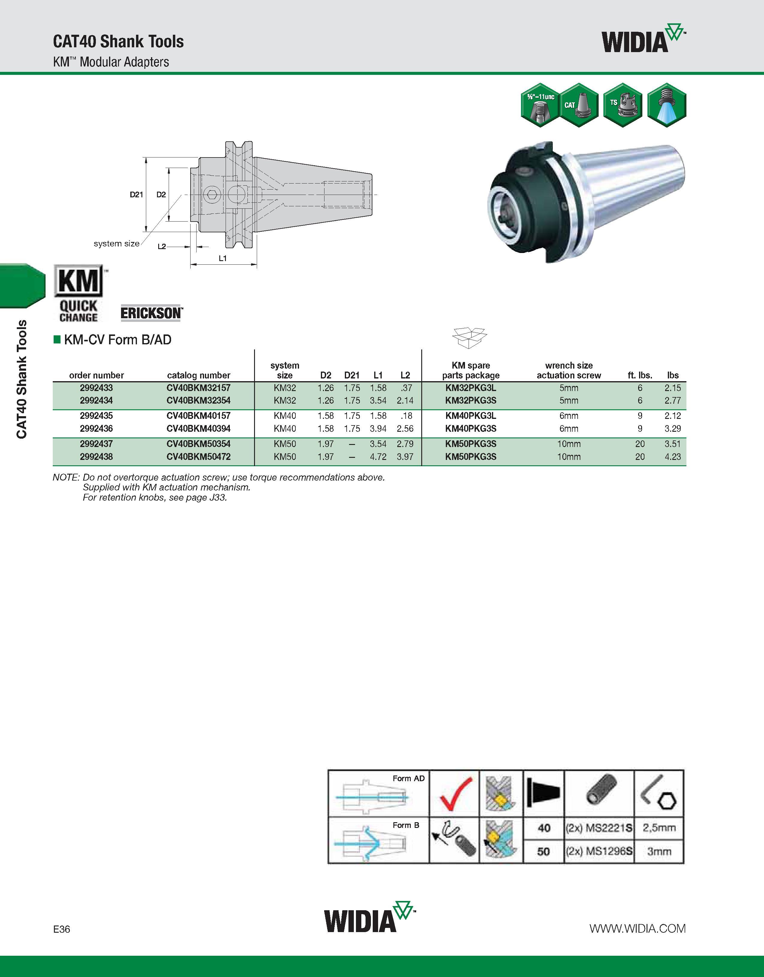 736 CAT40 Shank Tools CAT40 Shank Tools KM Modular Adapters WIDIA order number catalog number system size D2 D21 L1 L2 KM spare parts package wrench Каталог WIDIA 2011 Инструментальная оснастка для металлорежущих станков Вспомогательный инструмент для оборудования Адаптеры Насадки Оправки Патроны Стр. E36 ENG
