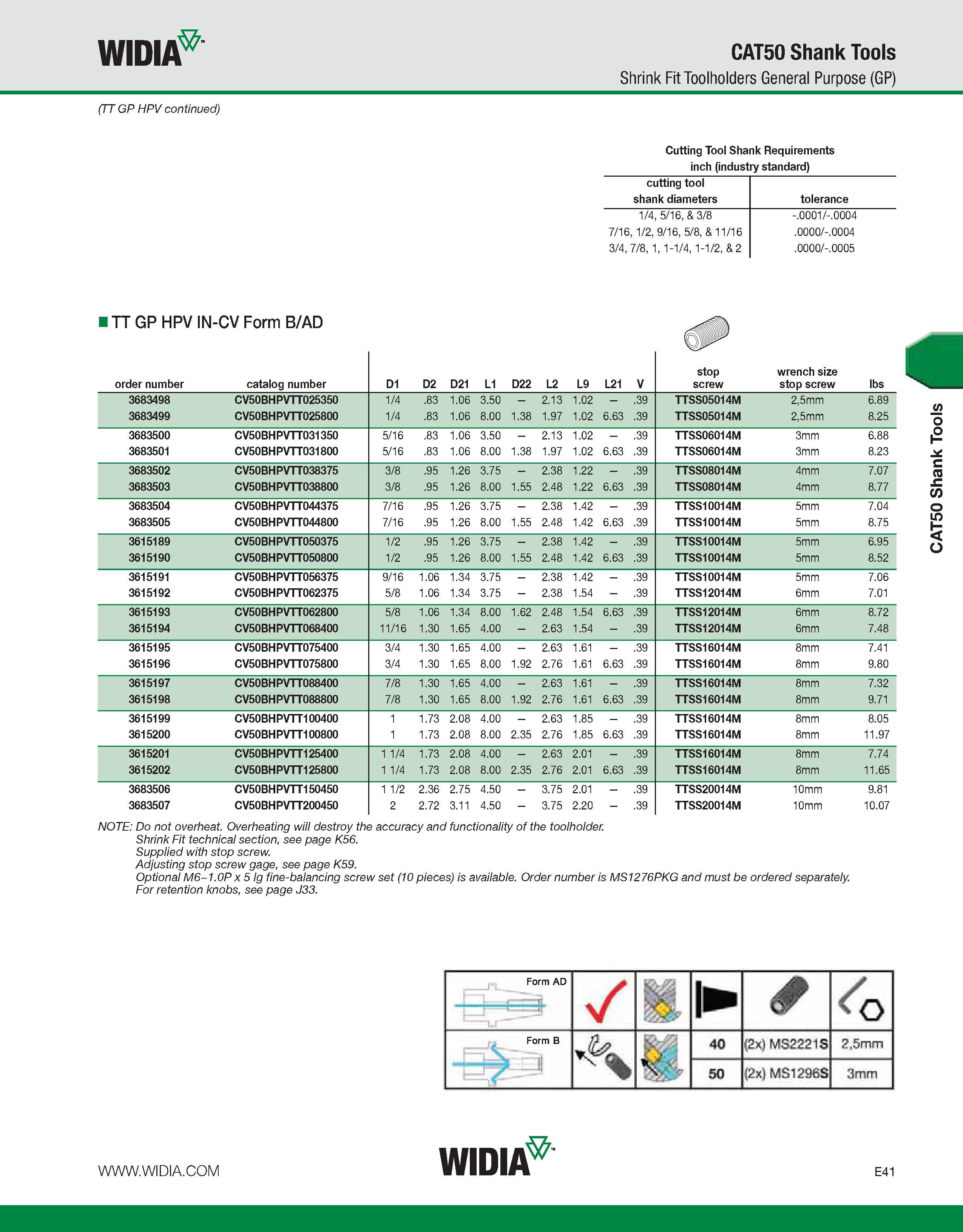 741 WIDIA CAT50 Shank Tools Shrink Fit Toolholders General Purpose (GP) (TT GP HPV continued) Cutting Tool Shank Requirements inch (industry standard Каталог WIDIA 2011 Инструментальная оснастка для металлорежущих станков Вспомогательный инструмент для оборудования Адаптеры Насадки Оправки Патроны Стр. E41 ENG