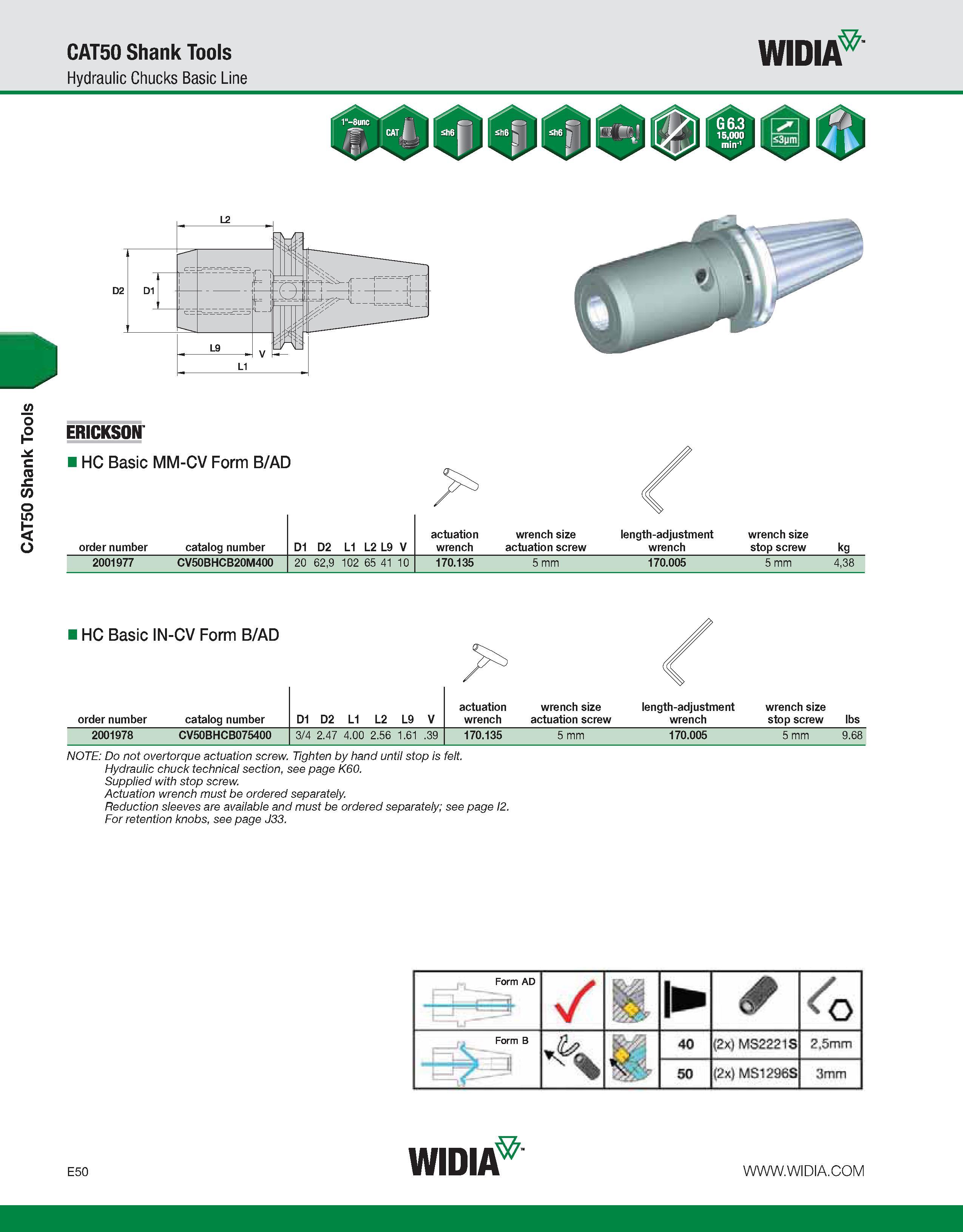 750 CAT50 Shank Tools WIDIA Hydraulic Chucks Basic Line £ ERICKSON e HC Basic MM-CV Form B/AD TO actuation wrench size length-adjustment wrench size Каталог WIDIA 2011 Инструментальная оснастка для металлорежущих станков Вспомогательный инструмент для оборудования Адаптеры Насадки Оправки Патроны Стр. E50 ENG