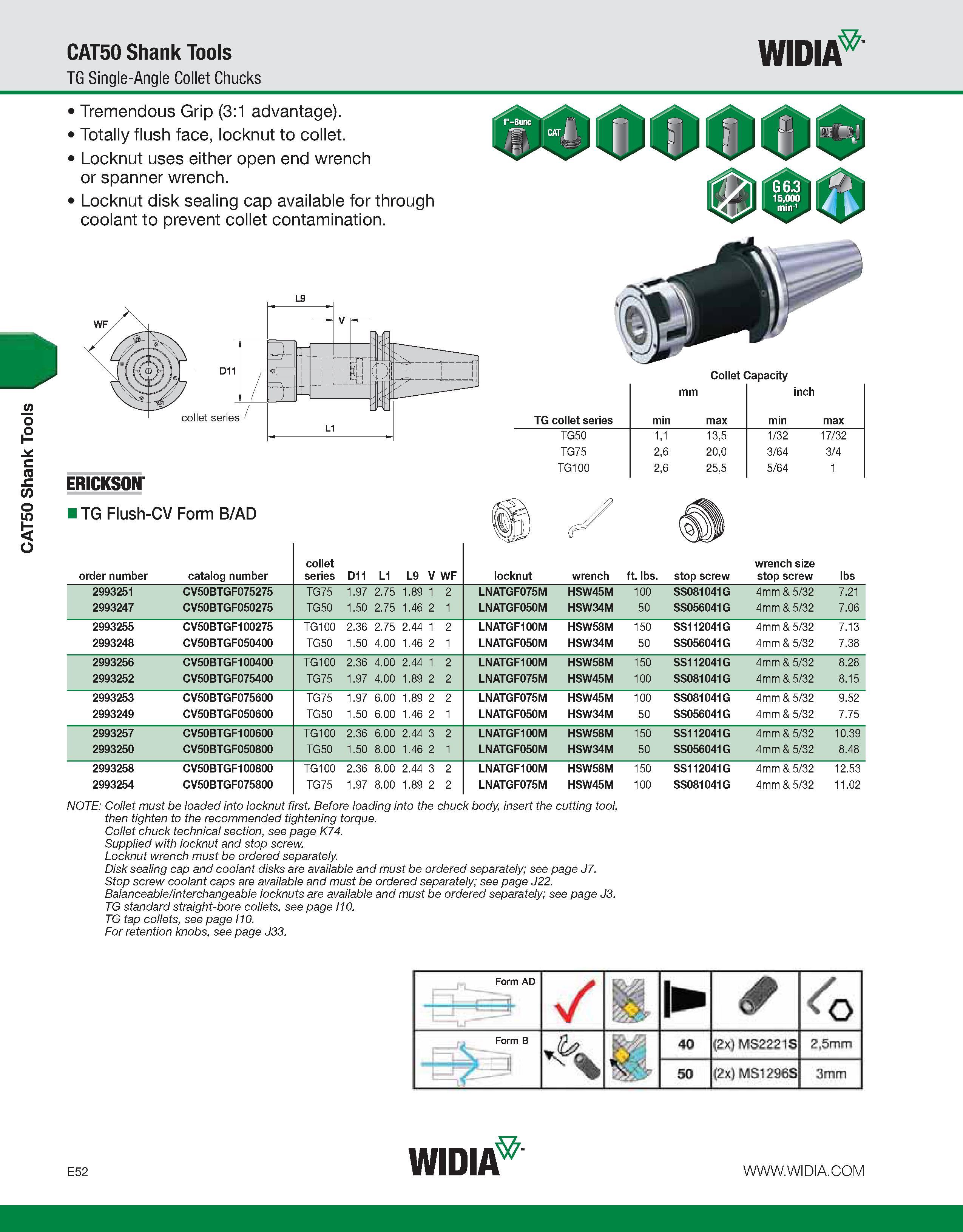 752 CAT50 Shank Tools CAT50 Shank Tools TG Single-Angle Collet Chucks WIDIA Tremendous Grip (3:1 advantage) Totally flush face, locknut to collet Loc Каталог WIDIA 2011 Инструментальная оснастка для металлорежущих станков Вспомогательный инструмент для оборудования Адаптеры Насадки Оправки Патроны Стр. E52 ENG