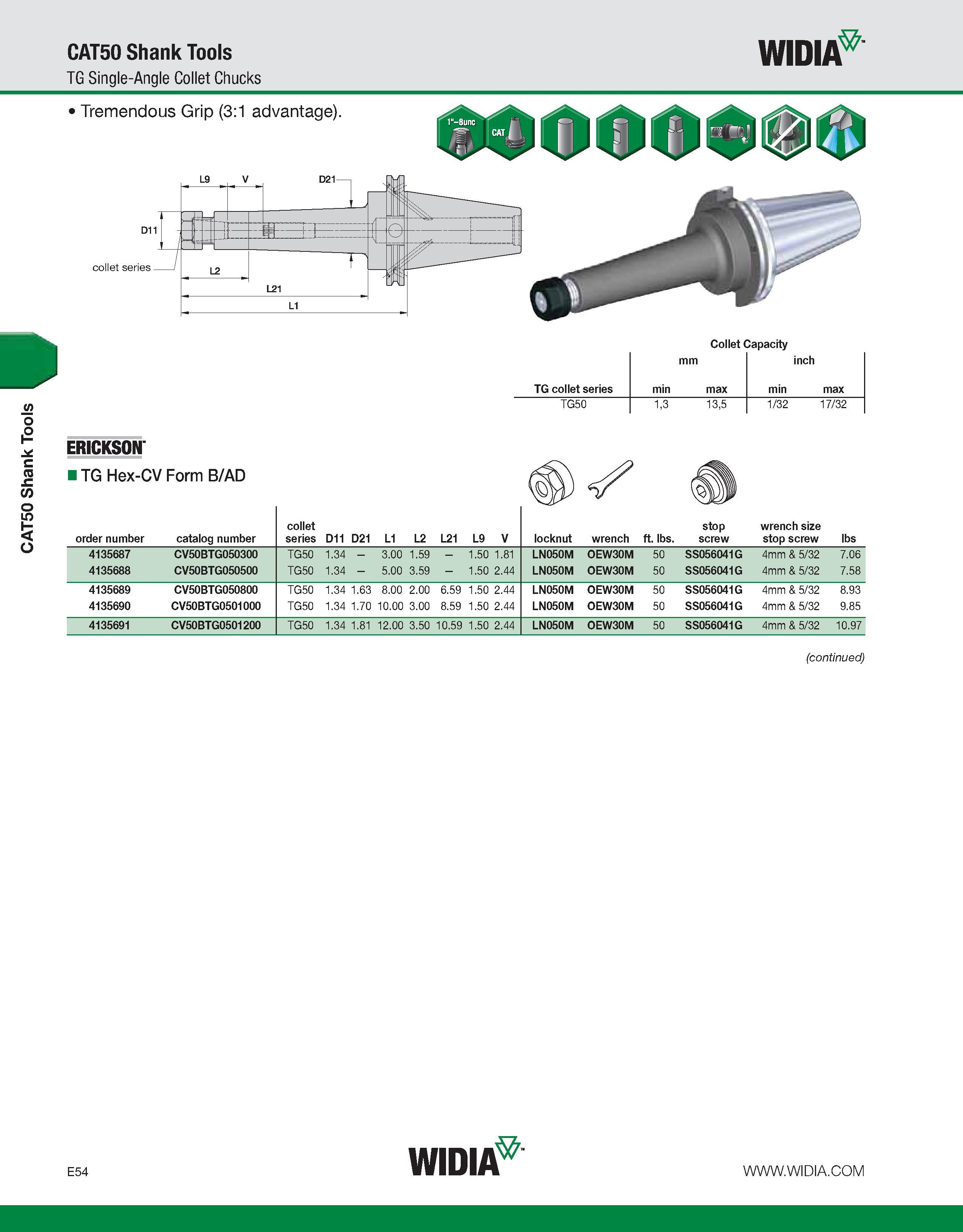 754 CAT50 Shank Tools CAT50 Shank Tools TG Single-Angle Collet Chucks WIDIA Tremendous Grip (3:1 advantage) Collet Capacity mm inch TG collet series Каталог WIDIA 2011 Инструментальная оснастка для металлорежущих станков Вспомогательный инструмент для оборудования Адаптеры Насадки Оправки Патроны Стр. E54 ENG
