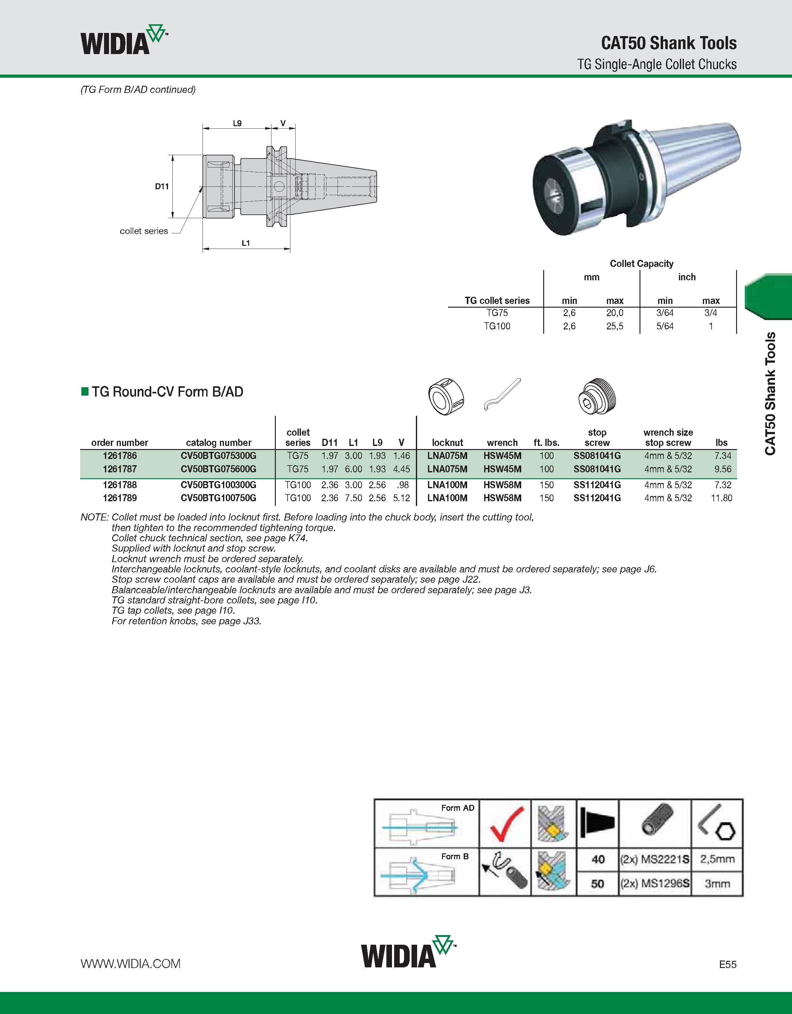 755 WIDIA CAT50 Shank Tools TG Single-Angle Collet Chucks (TG Form B/AD continued) D11 collet series - / u Collet Capacity mm inch TG collet series m Каталог WIDIA 2011 Инструментальная оснастка для металлорежущих станков Вспомогательный инструмент для оборудования Адаптеры Насадки Оправки Патроны Стр. E55 ENG