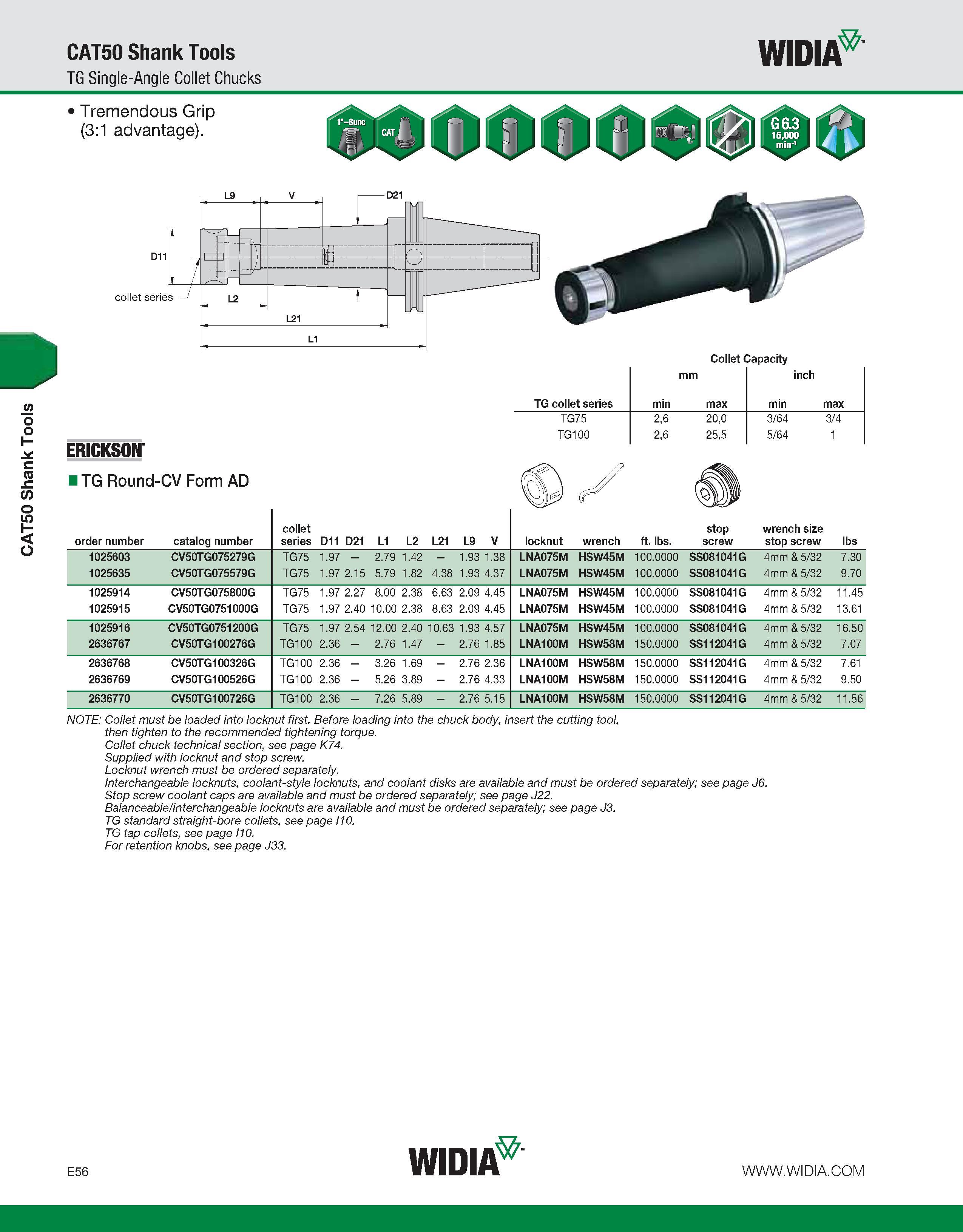 756 CAT50 Shank Tools CAT50 Shank Tools TG Single-Angle Collet Chucks WIDIA Tremendous Grip (3:1 advantage) ERICKSON i TG Round-CV Form AD Collet Cap Каталог WIDIA 2011 Инструментальная оснастка для металлорежущих станков Вспомогательный инструмент для оборудования Адаптеры Насадки Оправки Патроны Стр. E56 ENG