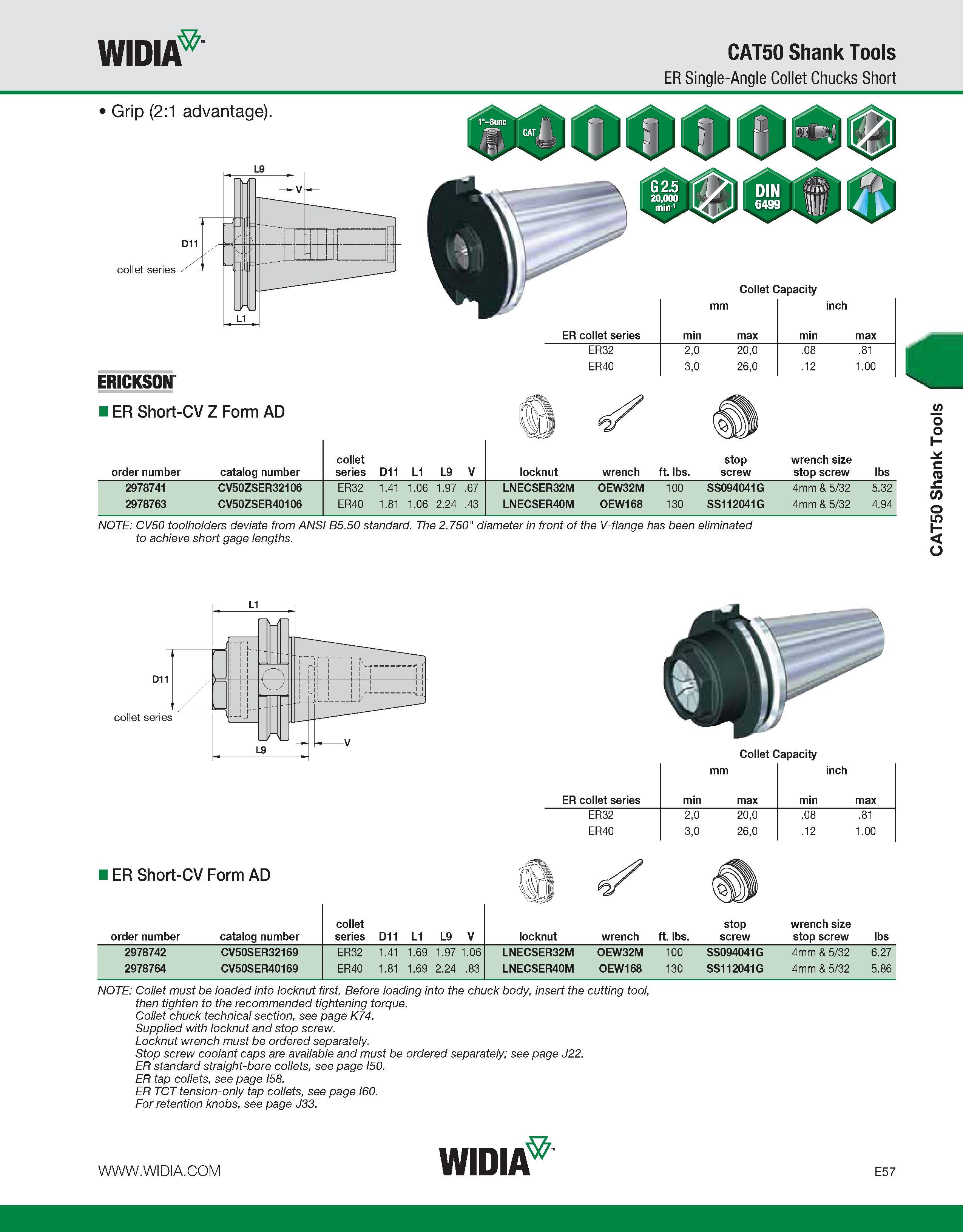 757 WIDIA CAT50 Shank Tools ER Single-Angle Collet Chucks Short Grip (2:1 advantage) D11 collet series / J- Collet Capacity ERICKSON ER collet series Каталог WIDIA 2011 Инструментальная оснастка для металлорежущих станков Вспомогательный инструмент для оборудования Адаптеры Насадки Оправки Патроны Стр. E57 ENG