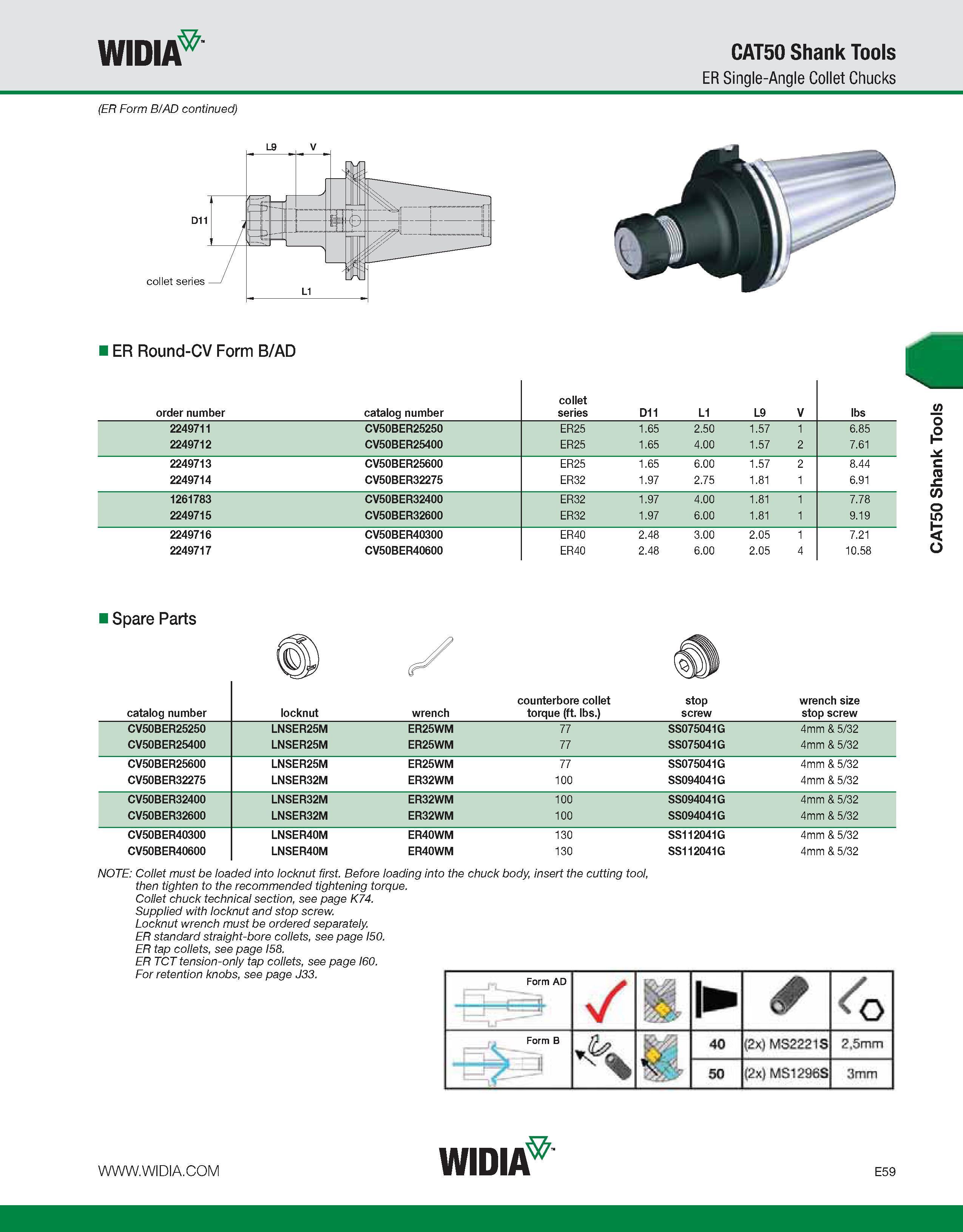 759 WIDIA CAT50 Shank Tools ER Single-Angle Collet Chucks (ER Form B/AD continued) I ER Round-CV Form B/AD order number catalog number collet series Каталог WIDIA 2011 Инструментальная оснастка для металлорежущих станков Вспомогательный инструмент для оборудования Адаптеры Насадки Оправки Патроны Стр. E59 ENG