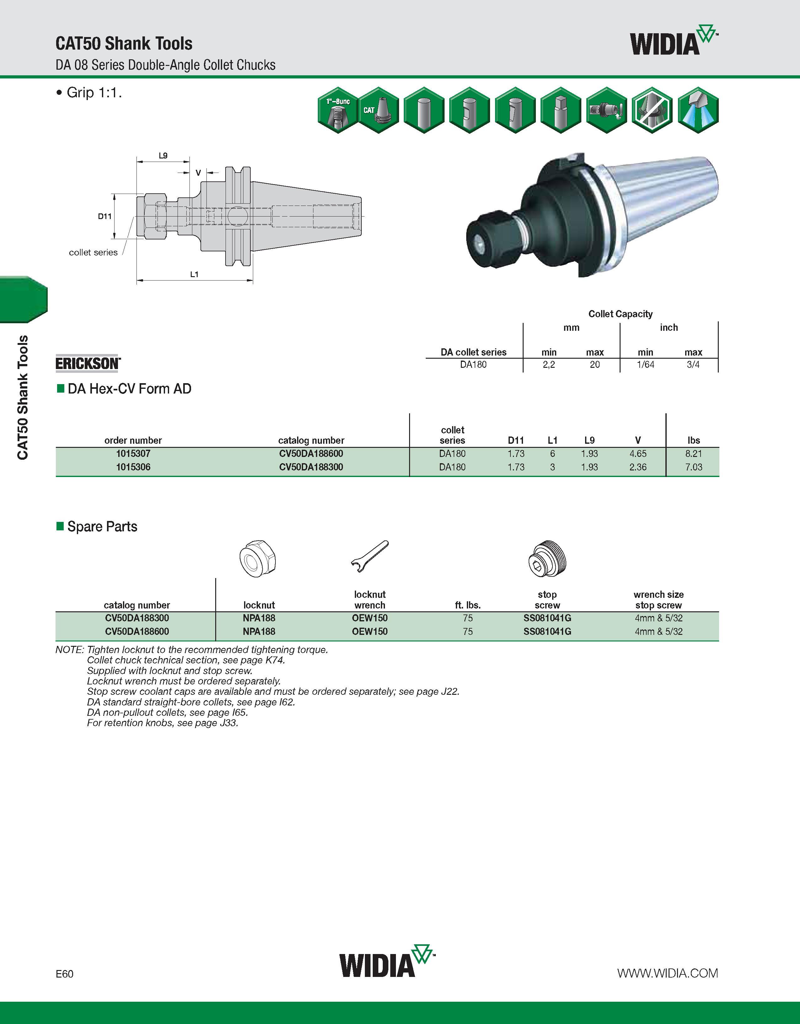 760 CAT50 Shank Tools CAT50 Shank Tools DA 08 Series Double-Angle Collet Chucks WIDIA Grip 1:1 collet series I_9 V rrlrr-rrr H- Collet Capacity ERICK Каталог WIDIA 2011 Инструментальная оснастка для металлорежущих станков Вспомогательный инструмент для оборудования Адаптеры Насадки Оправки Патроны Стр. E60 ENG