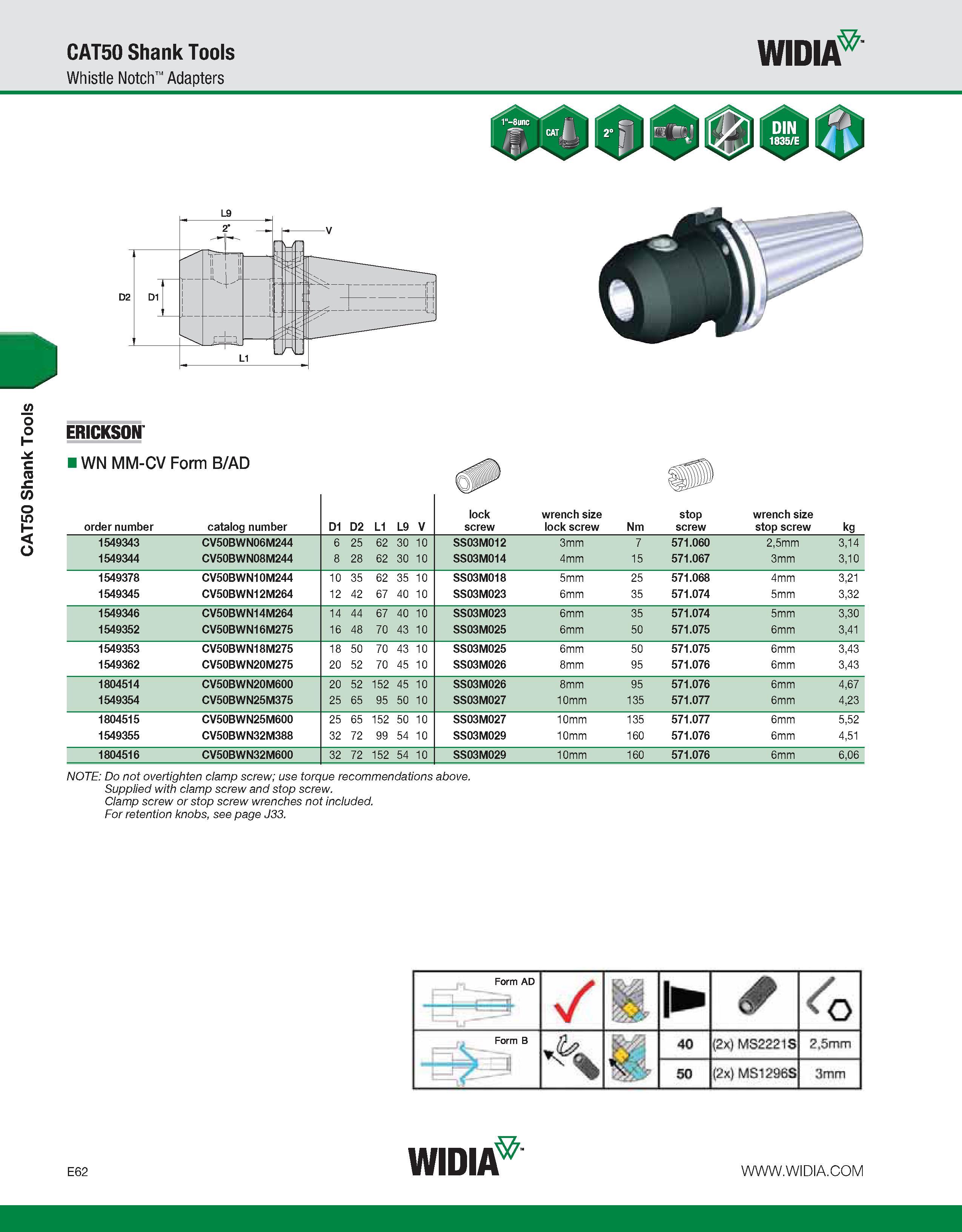 762 CAT50 Shank Tools CAT50 Shank Tools Whistle Notch Adapters WIDIA ERICKSON IWN MM-CV Form B/AD NOTE: Do not overtighten clamp screw; use torque re Каталог WIDIA 2011 Инструментальная оснастка для металлорежущих станков Вспомогательный инструмент для оборудования Адаптеры Насадки Оправки Патроны Стр. E62 ENG