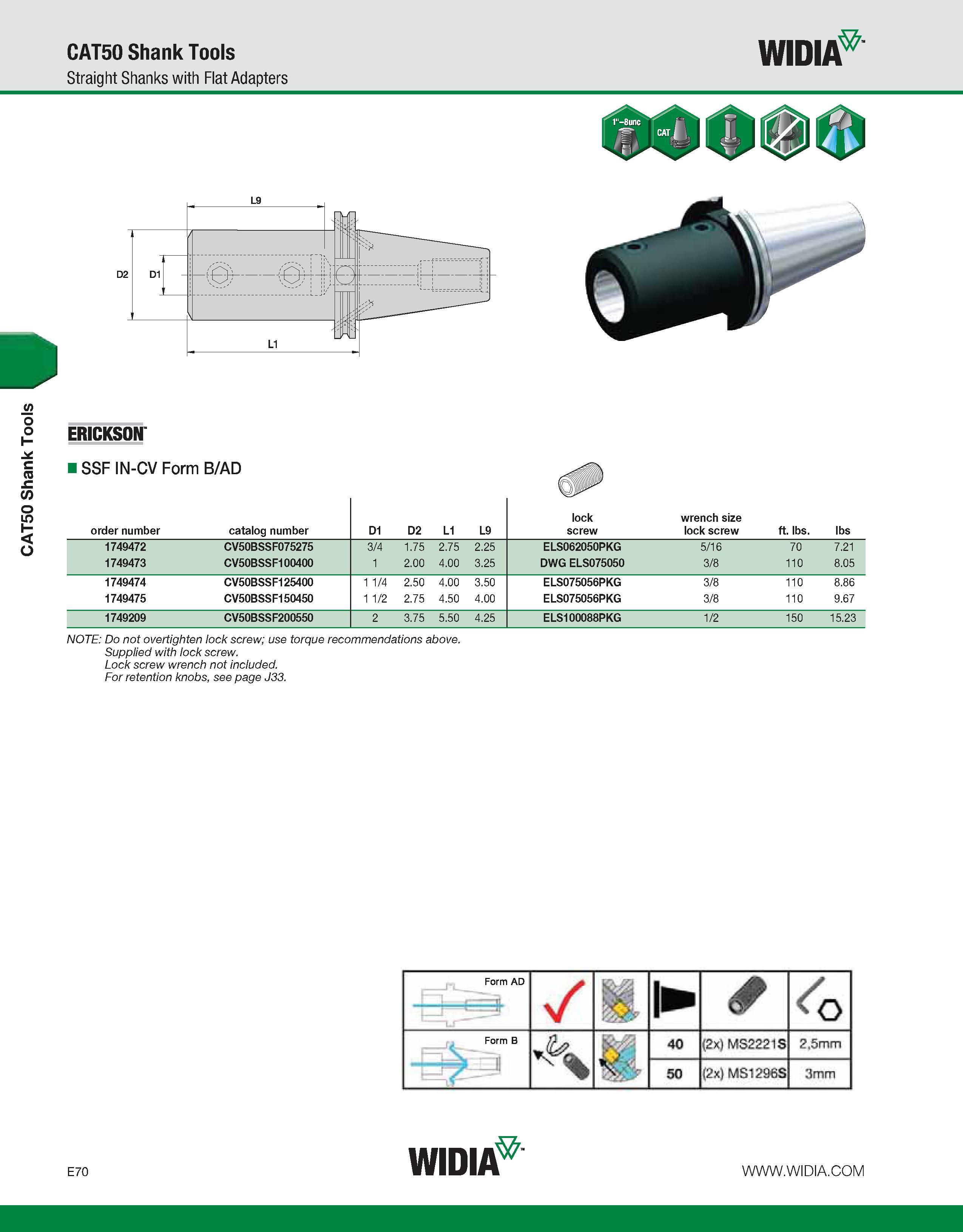 770 CAT50 Shank Tools CAT50 Shank Tools Straight Shanks with Flat Adapters WIDIA ERICKSON I SSF IN-CV Form B/AD order number catalog number D1 D2 L1 Каталог WIDIA 2011 Инструментальная оснастка для металлорежущих станков Вспомогательный инструмент для оборудования Адаптеры Насадки Оправки Патроны Стр. E70 ENG