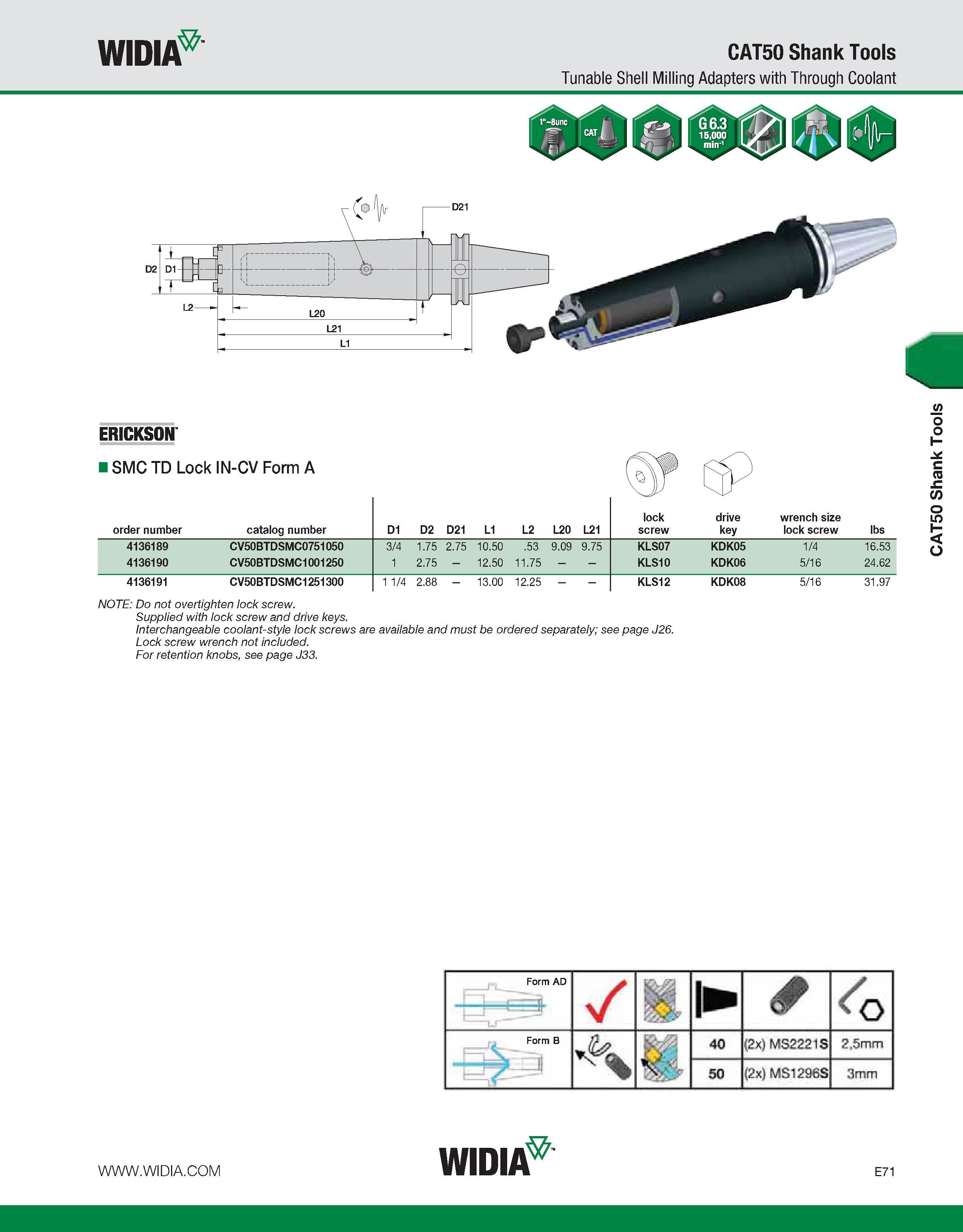 771 WIDIA CAT50 Shank Tools Tunable Shell Milling Adapters with Through Coolant ERICKSON I SMC TD Lock IN-CV Form A order number catalog number D1 D2 Каталог WIDIA 2011 Инструментальная оснастка для металлорежущих станков Вспомогательный инструмент для оборудования Адаптеры Насадки Оправки Патроны Стр. E71 ENG