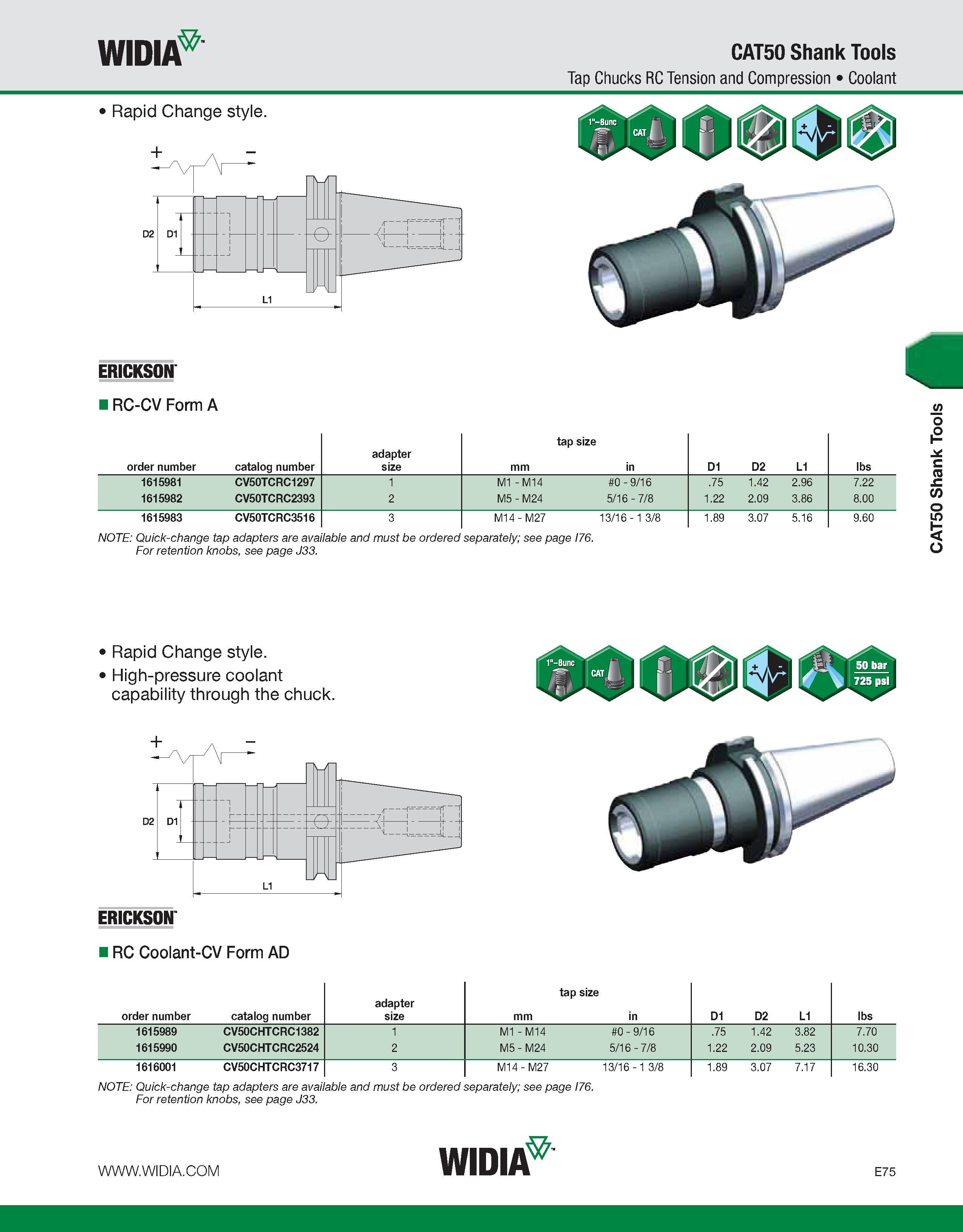 775 WIDIA CAT50 Shank Tools Tap Chucks RC Tension and Compression Coolant Rapid Change style ERICKSON RC-CV Form A order number catalog number adapte Каталог WIDIA 2011 Инструментальная оснастка для металлорежущих станков Вспомогательный инструмент для оборудования Адаптеры Насадки Оправки Патроны Стр. E75 ENG