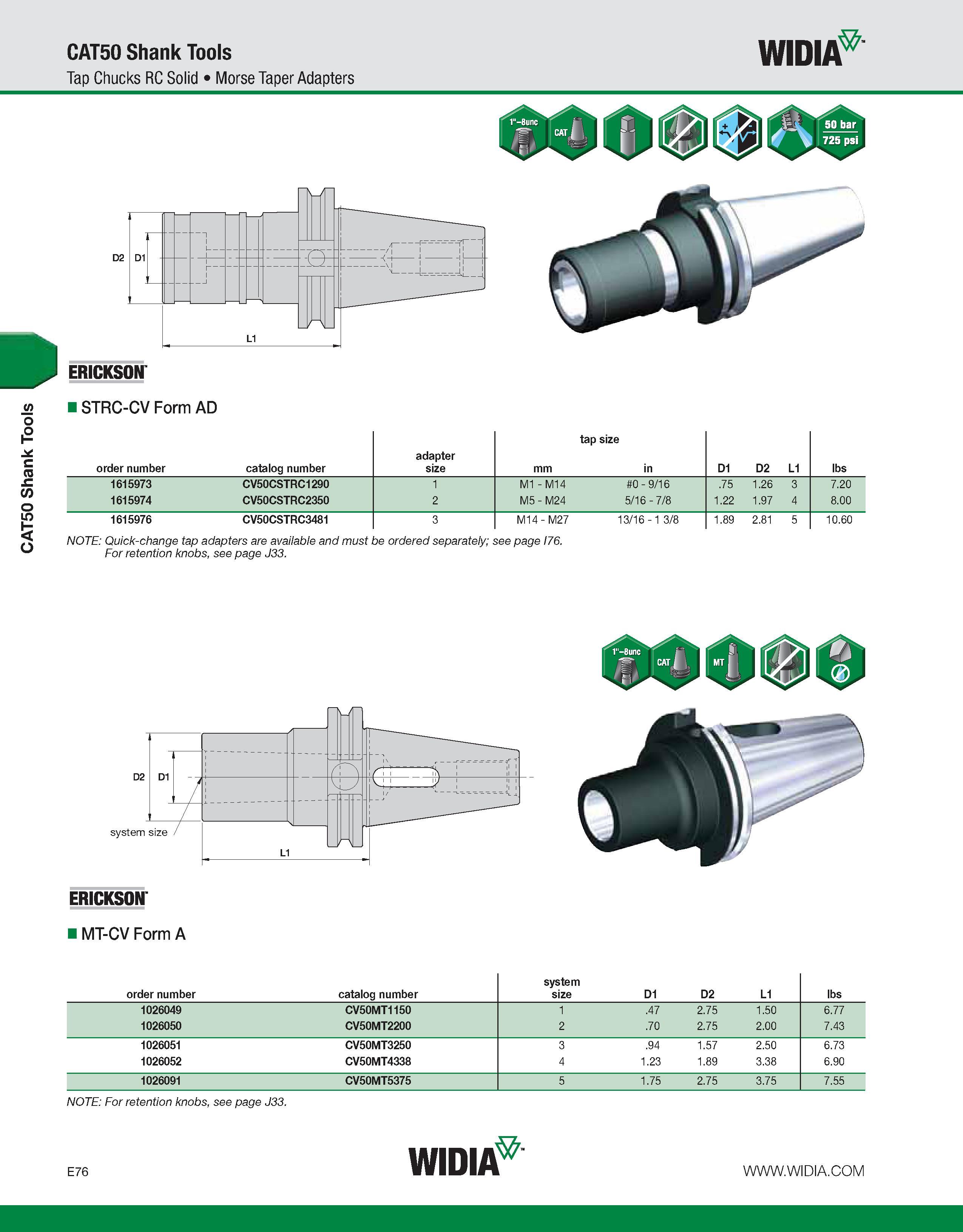 776 CAT50 Shank Tools CAT50 Shank Tools Tap Chucks RC Solid Morse Taper Adapters WIDIA ERICKSON ISTRC-CV Form AD order number catalog number adapter Каталог WIDIA 2011 Инструментальная оснастка для металлорежущих станков Вспомогательный инструмент для оборудования Адаптеры Насадки Оправки Патроны Стр. E76 ENG