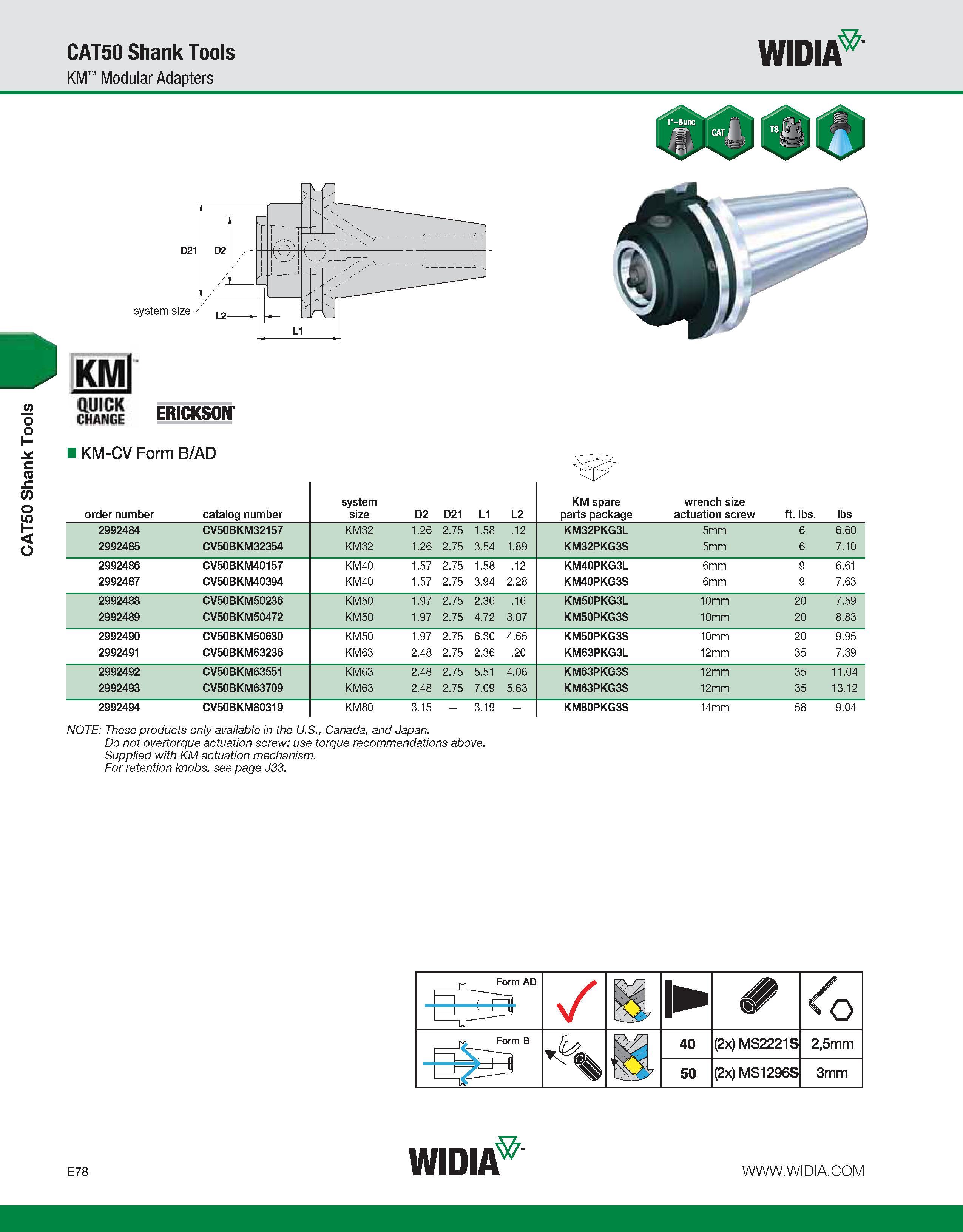 778 CAT50 Shank Tools CAT50 Shank Tools KM Modular Adapters WIDIA SS ERICKSOff KM-CV Form B/AD NOTE: These products only available in the U S , Canad Каталог WIDIA 2011 Инструментальная оснастка для металлорежущих станков Вспомогательный инструмент для оборудования Адаптеры Насадки Оправки Патроны Стр. E78 ENG