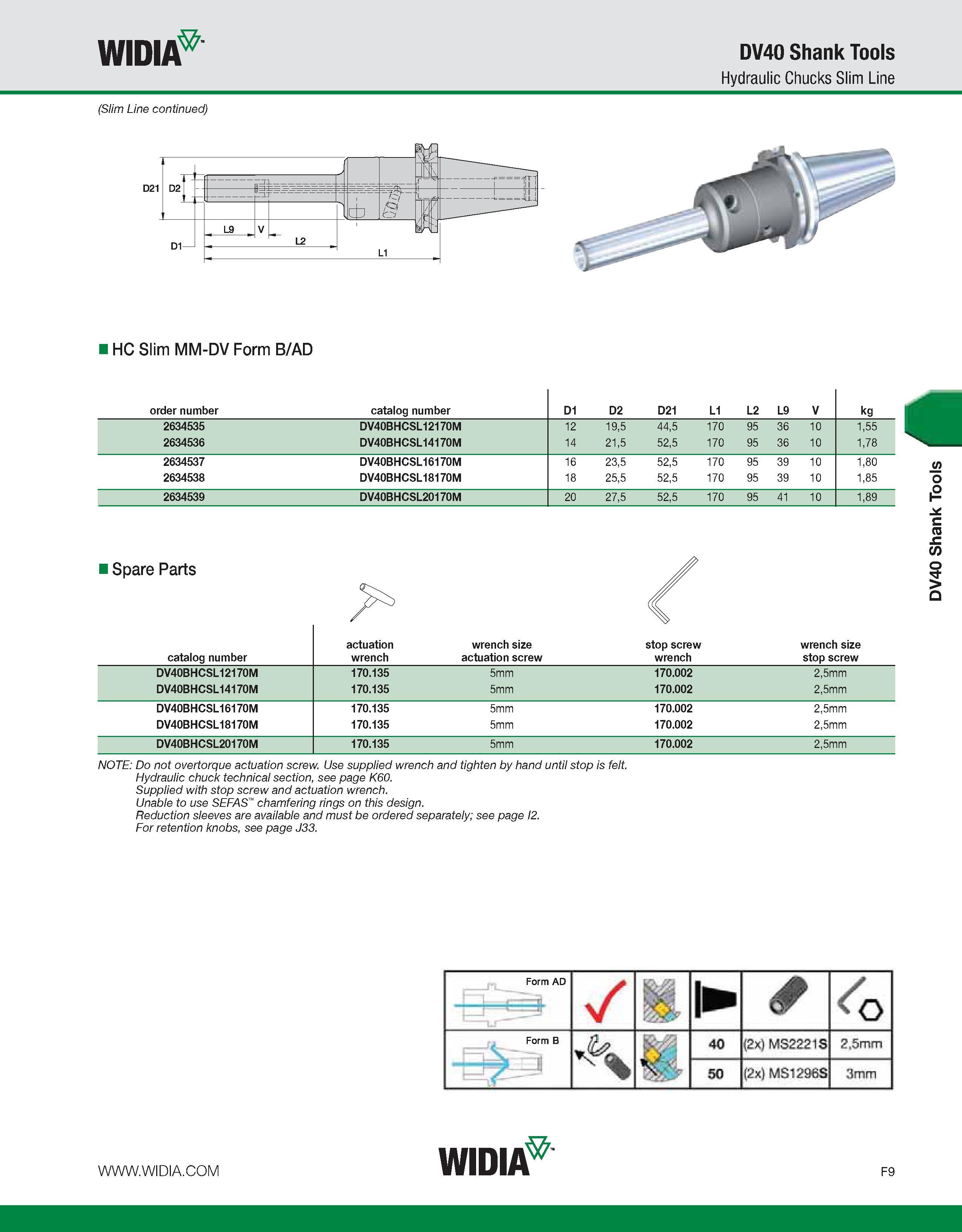 789 WIDIA DV40 Shank Tools Hydraulic Chucks Slim Line HC Slim MM-DV Form B/AD order number catalog number D1 D2 D21 L1 L2 L9 V kg 2634535 DV40BHCSL12 Каталог WIDIA 2011 Инструментальная оснастка для металлорежущих станков Вспомогательный инструмент для оборудования Адаптеры Насадки Оправки Патроны Стр. F9 ENG