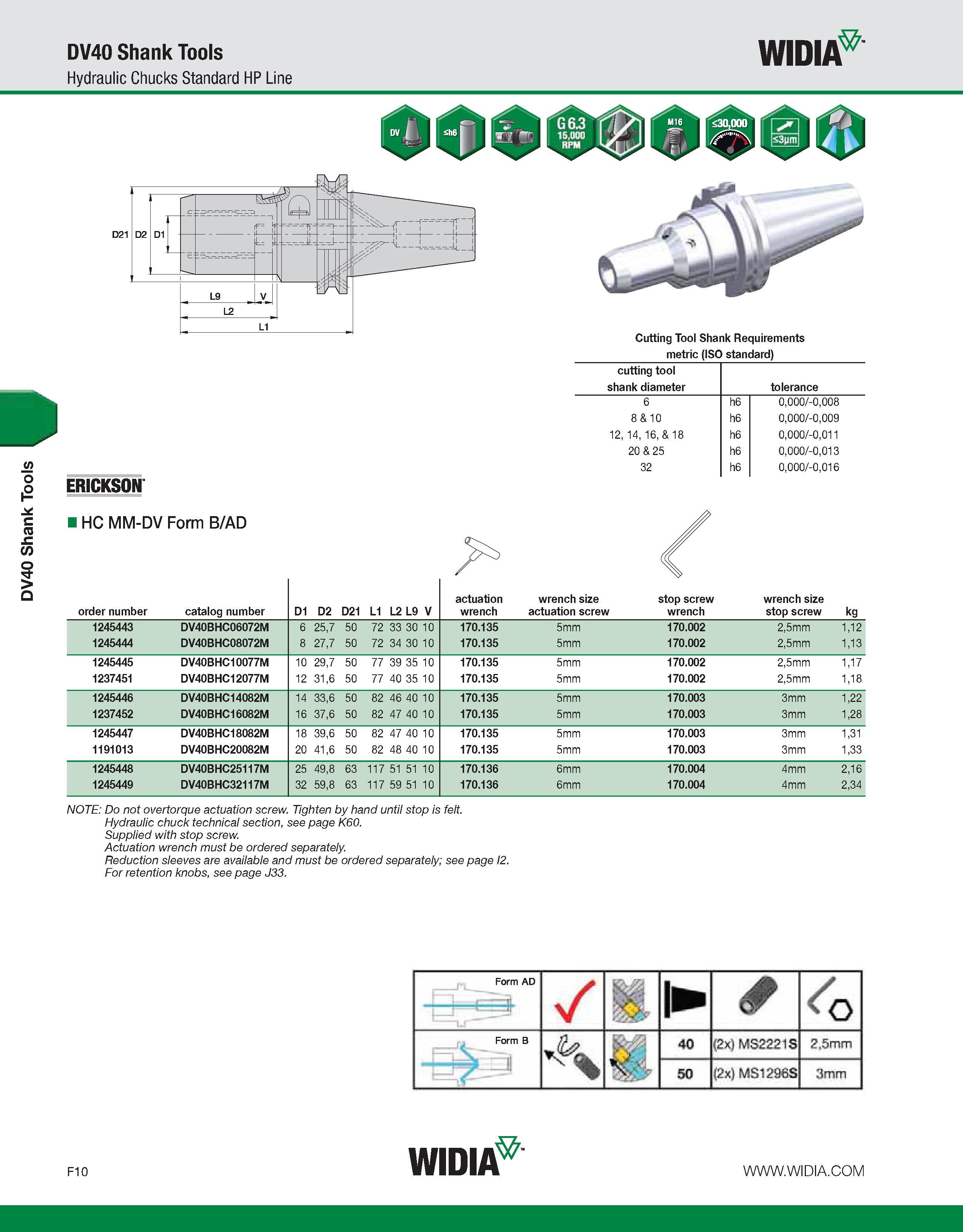 790 DV40 Shank Tools DV40 Shank Tools Hydraulic Chucks Standard HP Line WIDIA Cutting Tool Shank Requirements metric (ISO standard) ERICKSON cutting Каталог WIDIA 2011 Инструментальная оснастка для металлорежущих станков Вспомогательный инструмент для оборудования Адаптеры Насадки Оправки Патроны Стр. F10 ENG