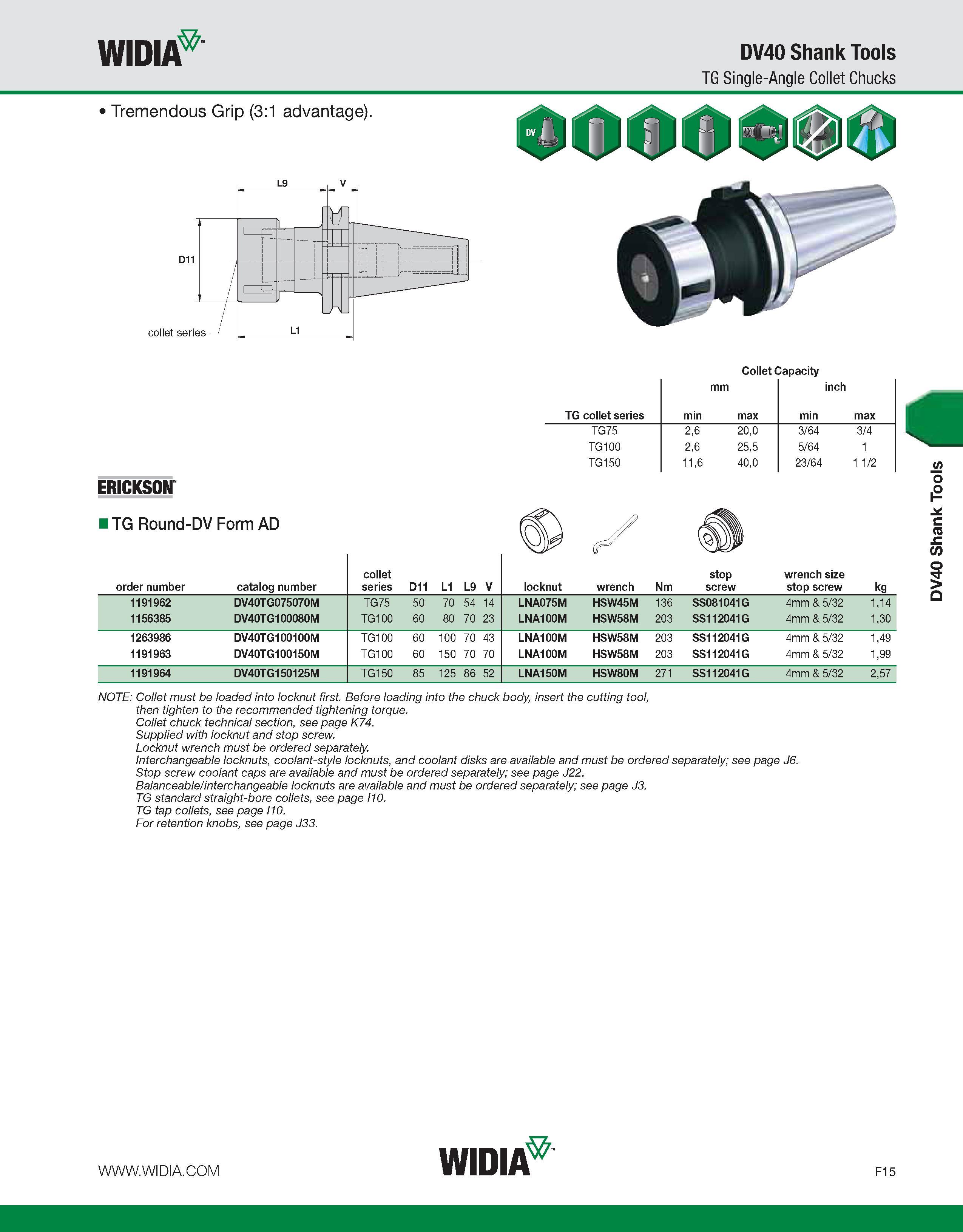 795 WIDIA DV40 Shank Tools TG Single-Angle Collet Chucks Tremendous Grip (3:1 advantage) 000 Collet Capacity TG collet series mm min max inch min max Каталог WIDIA 2011 Инструментальная оснастка для металлорежущих станков Вспомогательный инструмент для оборудования Адаптеры Насадки Оправки Патроны Стр. F15 ENG