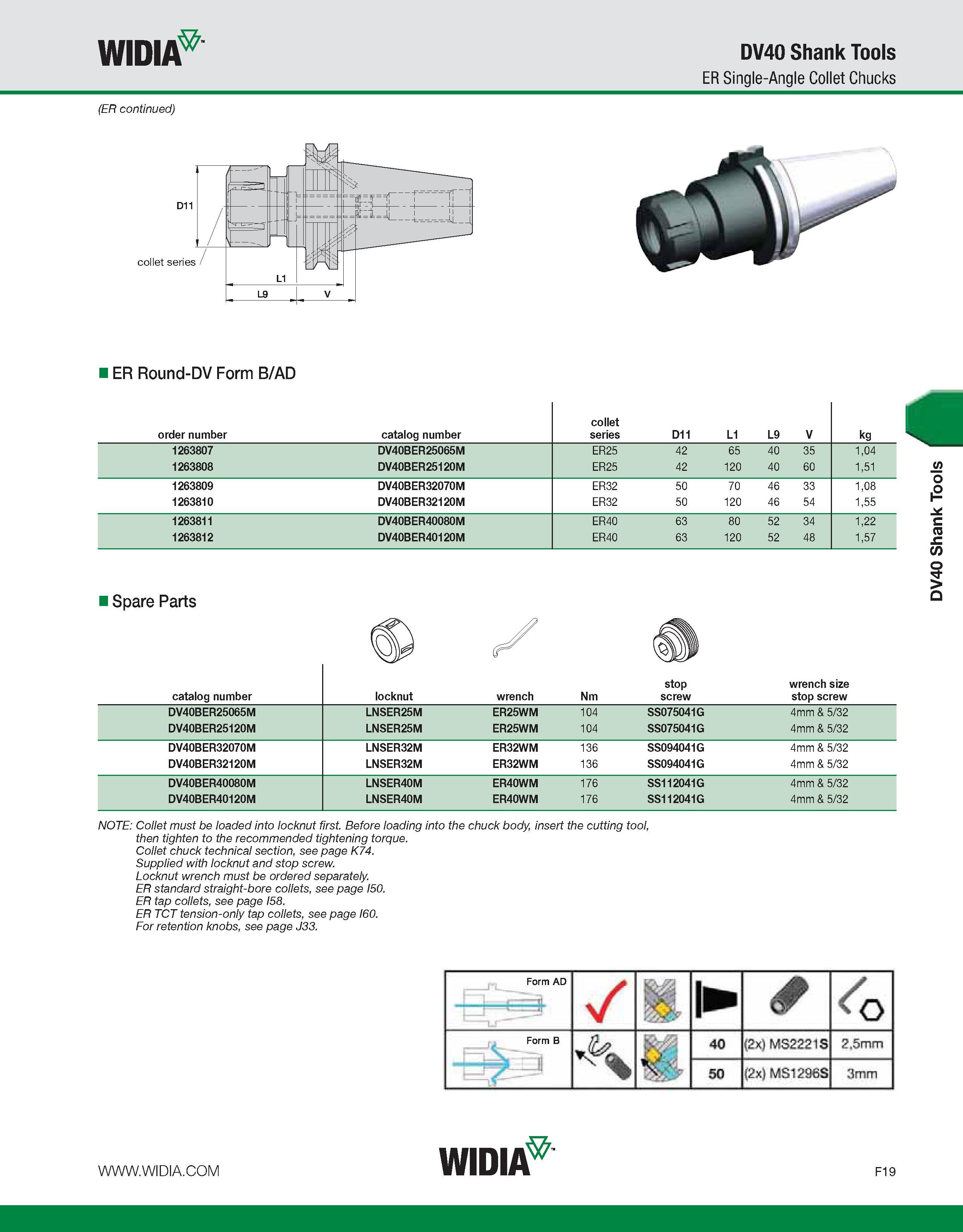 799 WIDIA DV40 Shank Tools ER Single-Angle Collet Chucks (ER continued) I ER Round-DV Form B/AD order number catalog number collet series D11 L1 L9 V Каталог WIDIA 2011 Инструментальная оснастка для металлорежущих станков Вспомогательный инструмент для оборудования Адаптеры Насадки Оправки Патроны Стр. F19 ENG