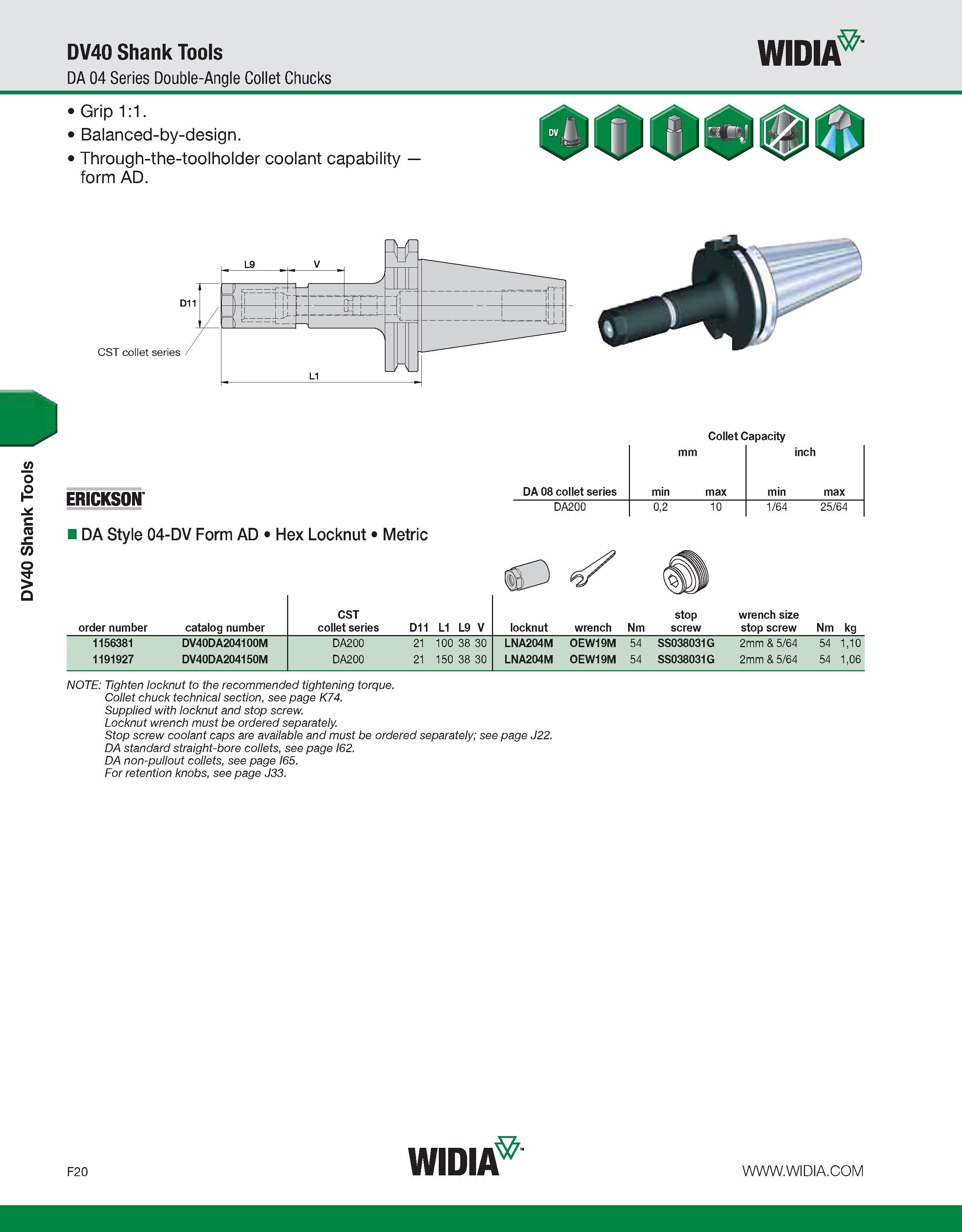 800 DV40 Shank Tools DV40 Shank Tools DA 04 Series Double-Angle Collet Chucks WIDIA Grip 1:1 Balanced-by-design Through-the-toolholder coolant capabi Каталог WIDIA 2011 Инструментальная оснастка для металлорежущих станков Вспомогательный инструмент для оборудования Адаптеры Насадки Оправки Патроны Стр. F20 ENG