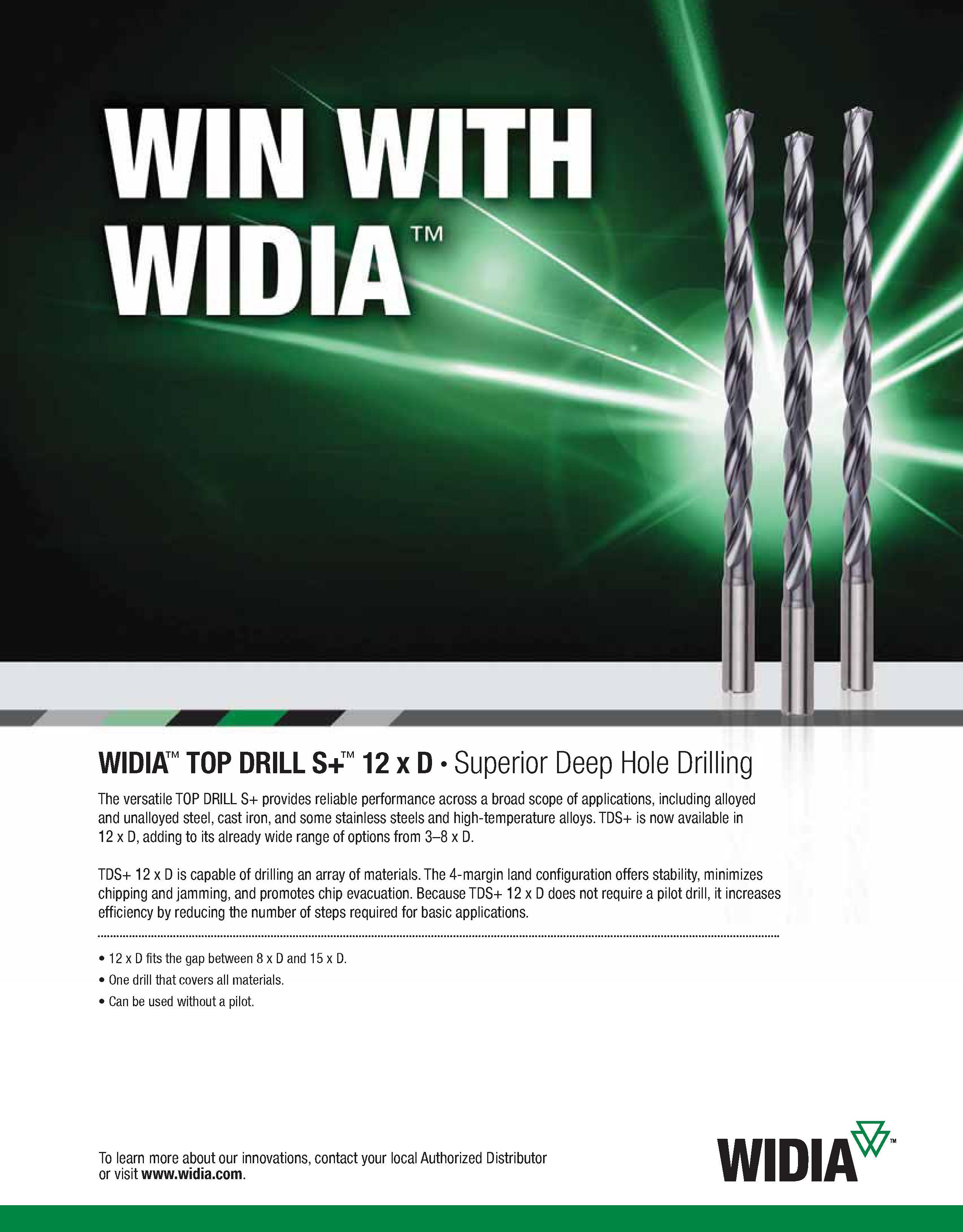 801 WIDIA TOP DRILL S+ 12 x D Superior Deep Hole Drilling The versatile TOP DRILL S+ provides reliable performance across a broad scope of applicatio Каталог WIDIA 2011 Инструментальная оснастка для металлорежущих станков Вспомогательный инструмент для оборудования Адаптеры Насадки Оправки Патроны Стр. F21 ENG