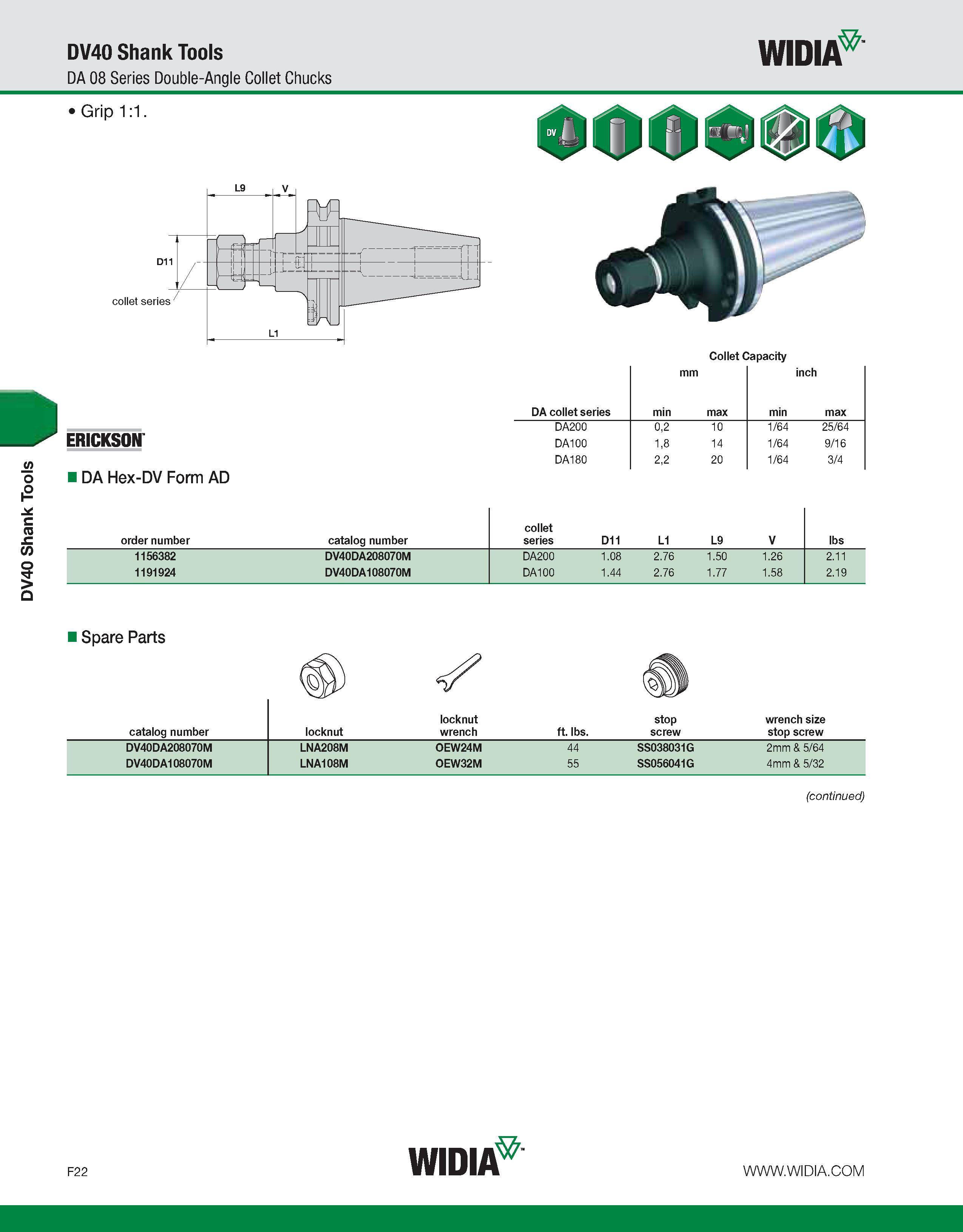 802 DV40 Shank Tools DV40 Shank Tools DA 08 Series Double-Angle Collet Chucks WIDIA Grip 1:1 Collet Capacity mm inch DA collet series min max min max Каталог WIDIA 2011 Инструментальная оснастка для металлорежущих станков Вспомогательный инструмент для оборудования Адаптеры Насадки Оправки Патроны Стр. F22 ENG