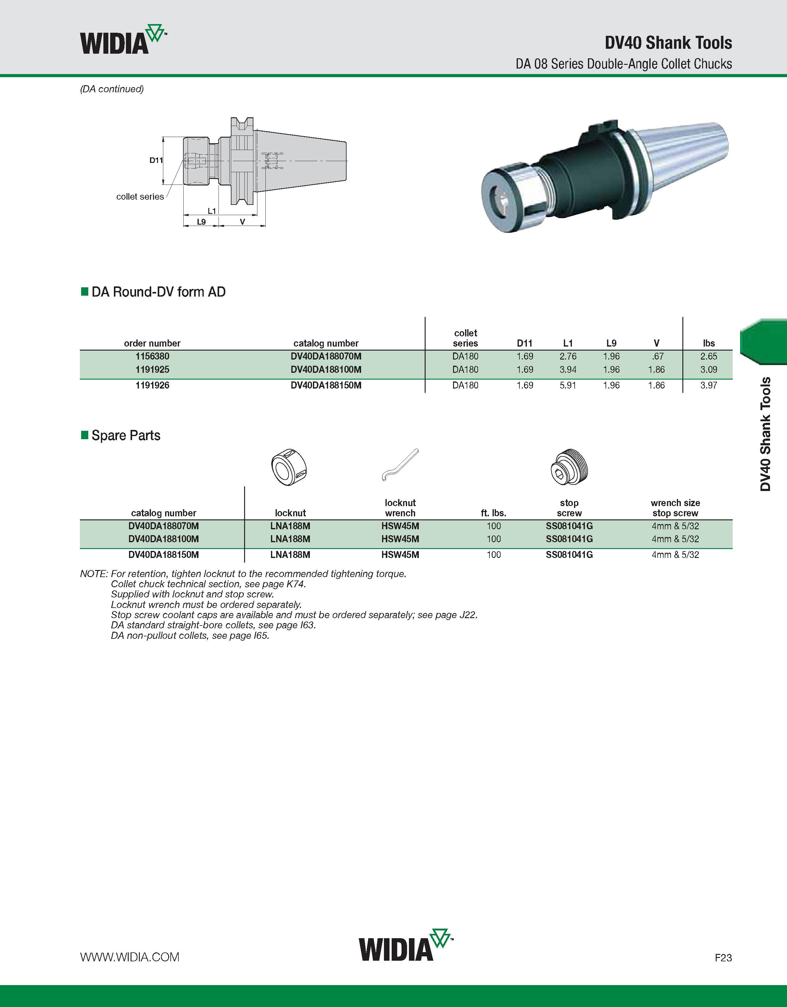 803 WIDIA DV40 Shank Tools DA 08 Series Double-Angle Collet Chucks (DA continued) DA Round-DV form AD order number catalog number collet series D11 L Каталог WIDIA 2011 Инструментальная оснастка для металлорежущих станков Вспомогательный инструмент для оборудования Адаптеры Насадки Оправки Патроны Стр. F23 ENG