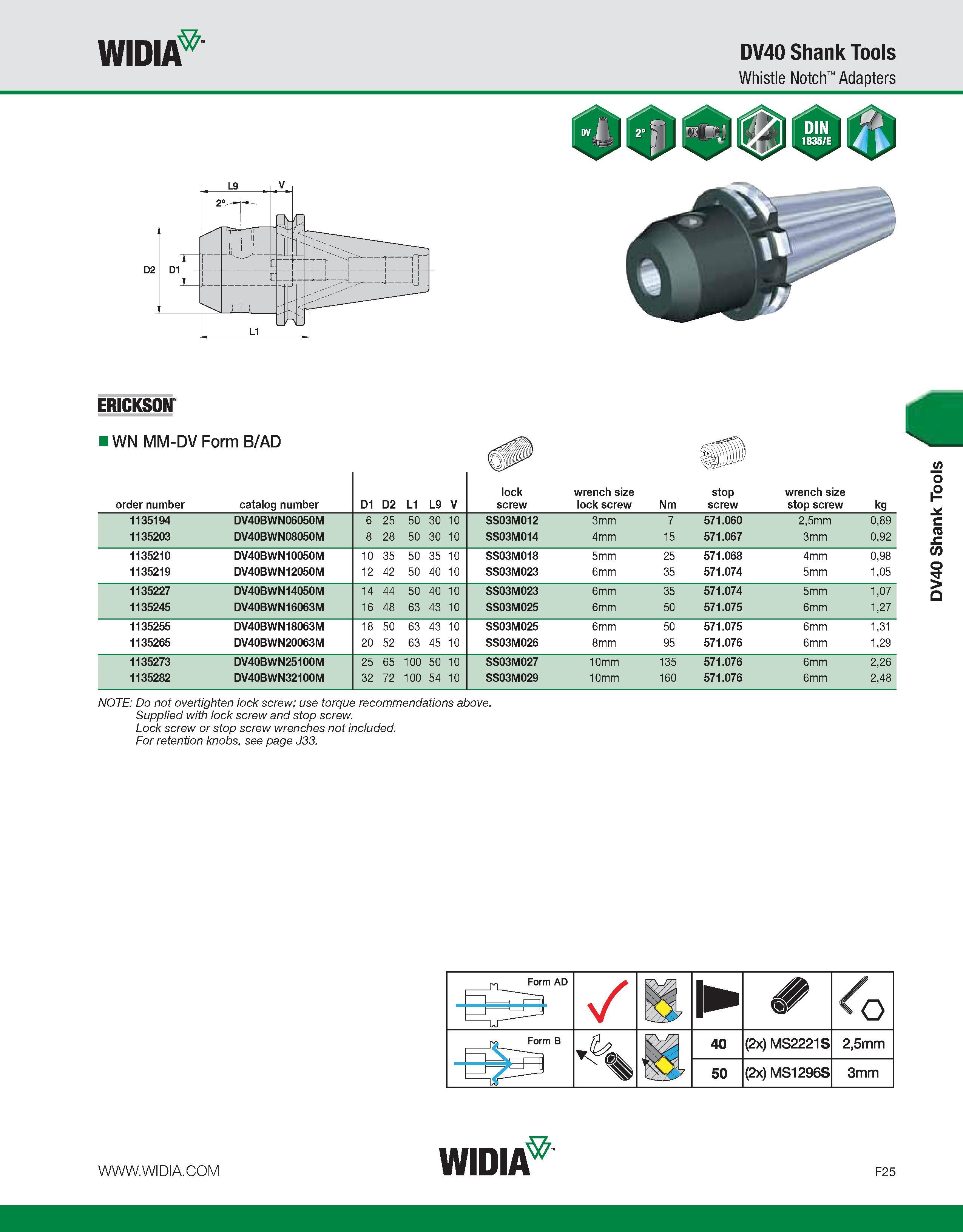 805 WIDIA DV40 Shank Tools Whistle Notch Adapters ERICKSON IWN MM-DV Form B/AD order number catalog number D1 D2 L1 L9 V lock screw wrench size lock Каталог WIDIA 2011 Инструментальная оснастка для металлорежущих станков Вспомогательный инструмент для оборудования Адаптеры Насадки Оправки Патроны Стр. F25 ENG
