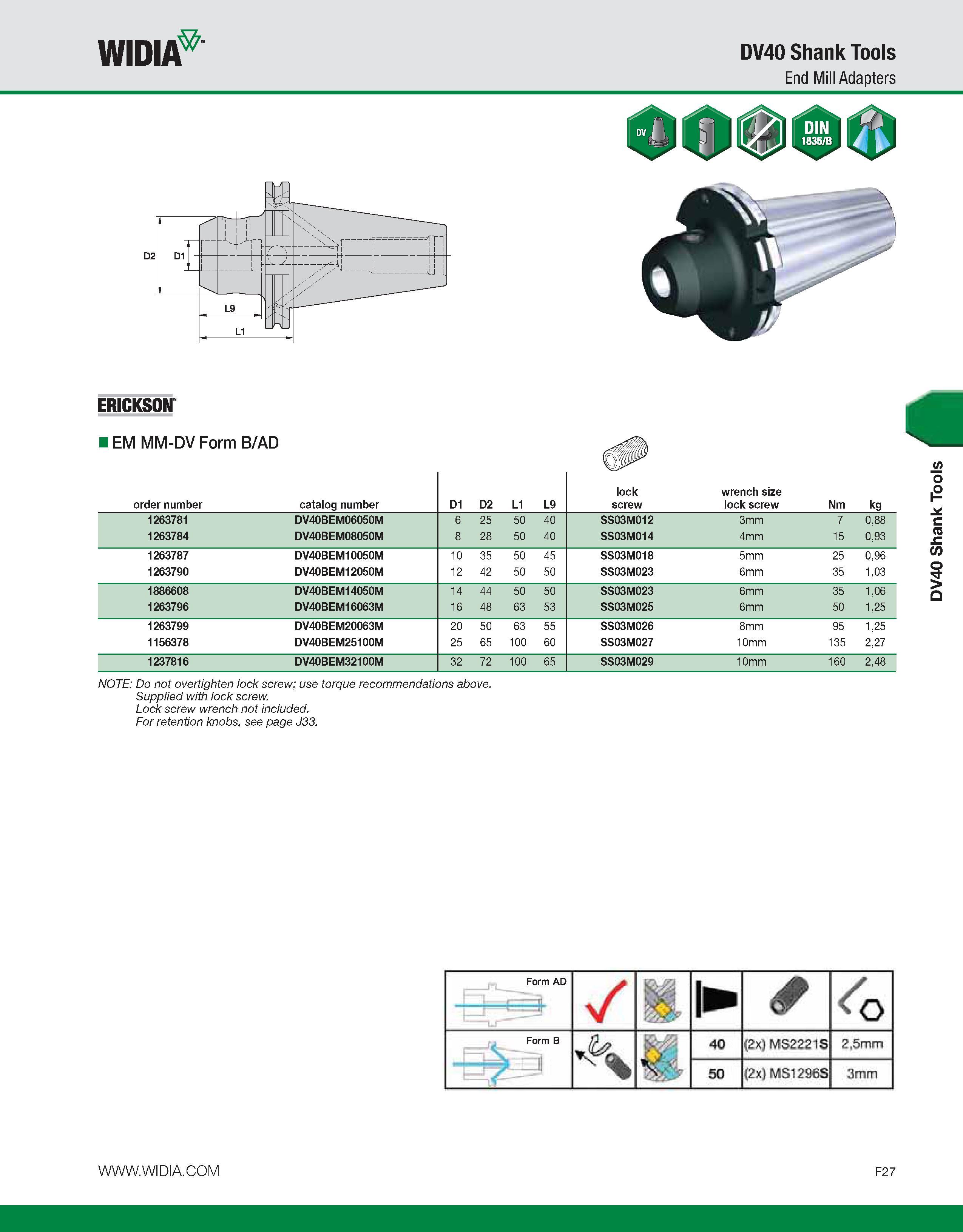 807 WIDIA DV40 Shank Tools End Mill Adapters ERICKSON I EM MM-DV Form B/AD order number catalog number D1 D2 L1 L9 lock screw wrench size lock screw Каталог WIDIA 2011 Инструментальная оснастка для металлорежущих станков Вспомогательный инструмент для оборудования Адаптеры Насадки Оправки Патроны Стр. F27 ENG