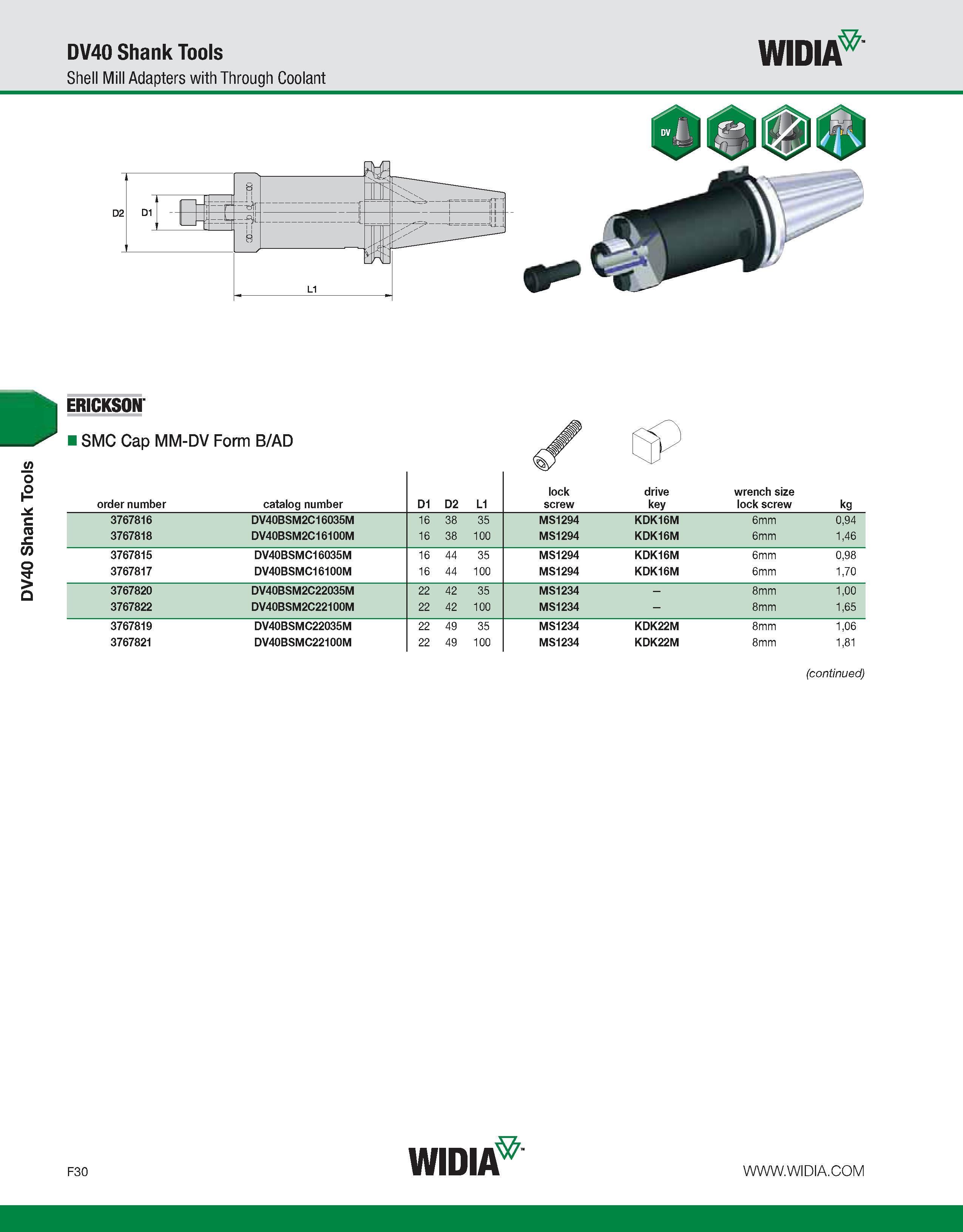 810 DV40 Shank Tools DV40 Shank Tools Shell Mill Adapters with Through Coolant WIDIA / GD : 1 D1 f -1511 -h i 8 order number catalog number D1 D2 L1 Каталог WIDIA 2011 Инструментальная оснастка для металлорежущих станков Вспомогательный инструмент для оборудования Адаптеры Насадки Оправки Патроны Стр. F30 ENG